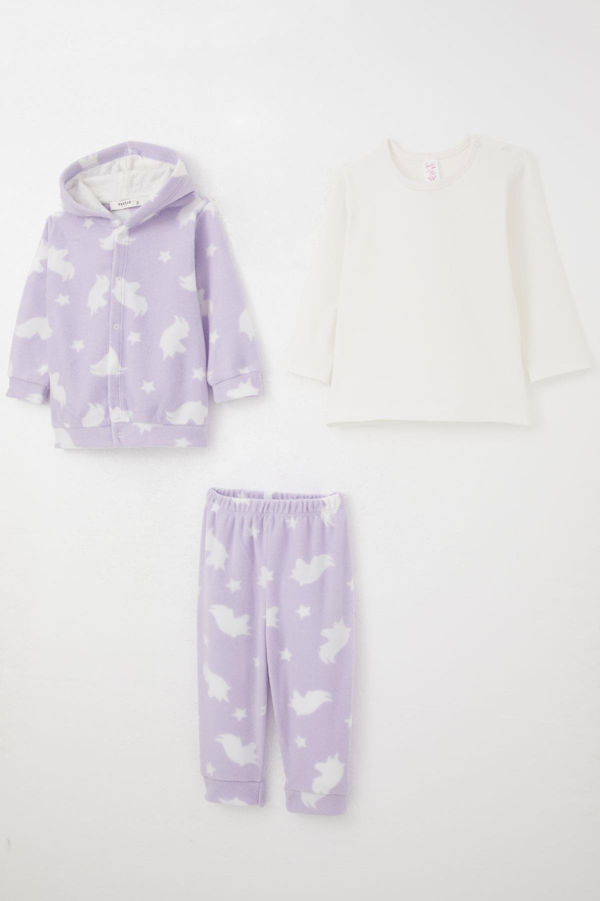 Breeze Kız Bebek Bodyli 3 lü Polar Takım Yıldız Desenli Lila (4 Ay-1 Yaş)