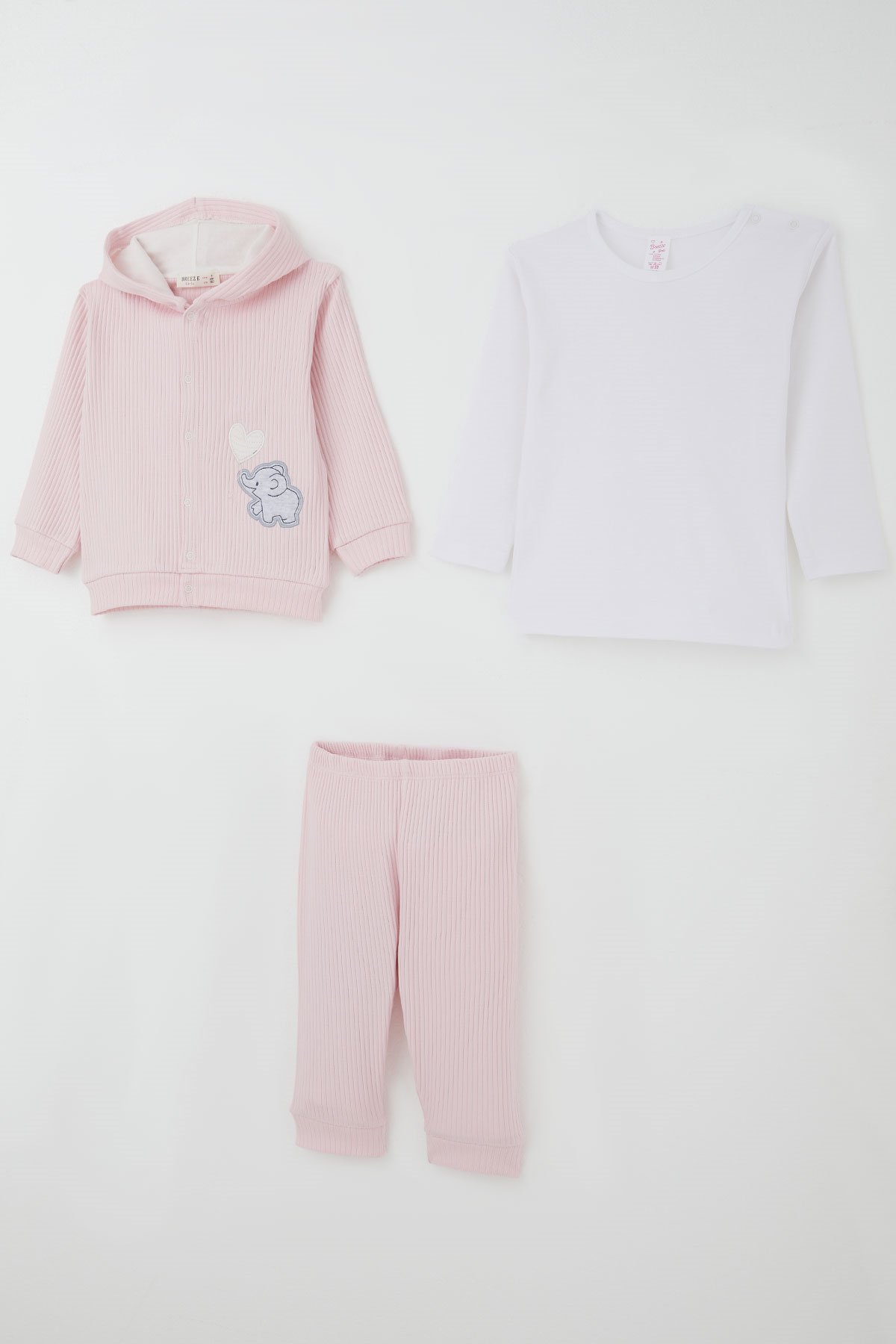 Breeze Kız Bebek Bodyli 3 lü Takım Balonlu Sevimli Bebek Fil Arma Nakışlı Pembe (4 Ay-1 Yaş)