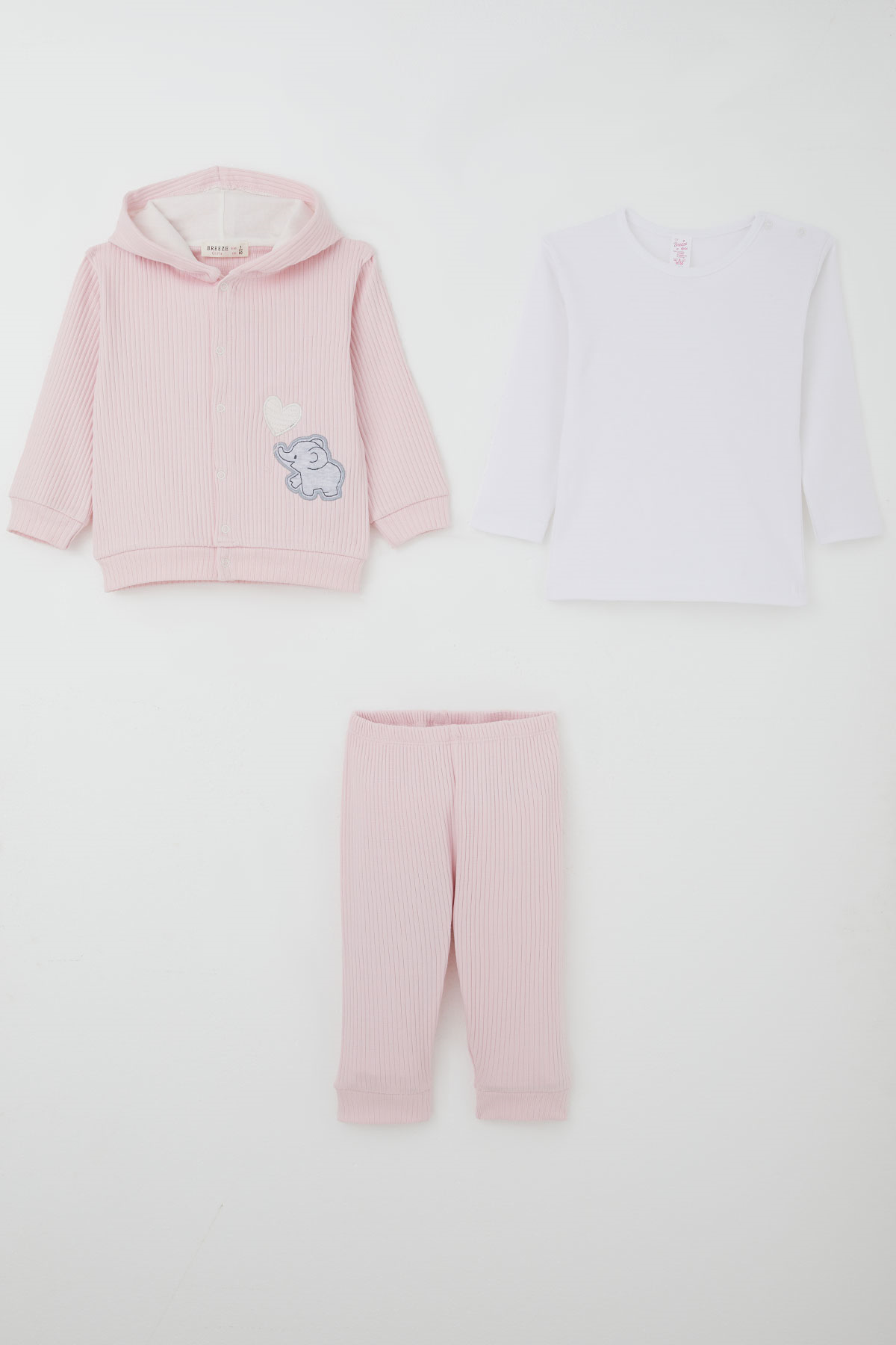 Breeze Kız Bebek Bodyli 3 lü Takım Balonlu Sevimli Bebek Fil Arma Nakışlı Pembe (4 Ay-1 Yaş)