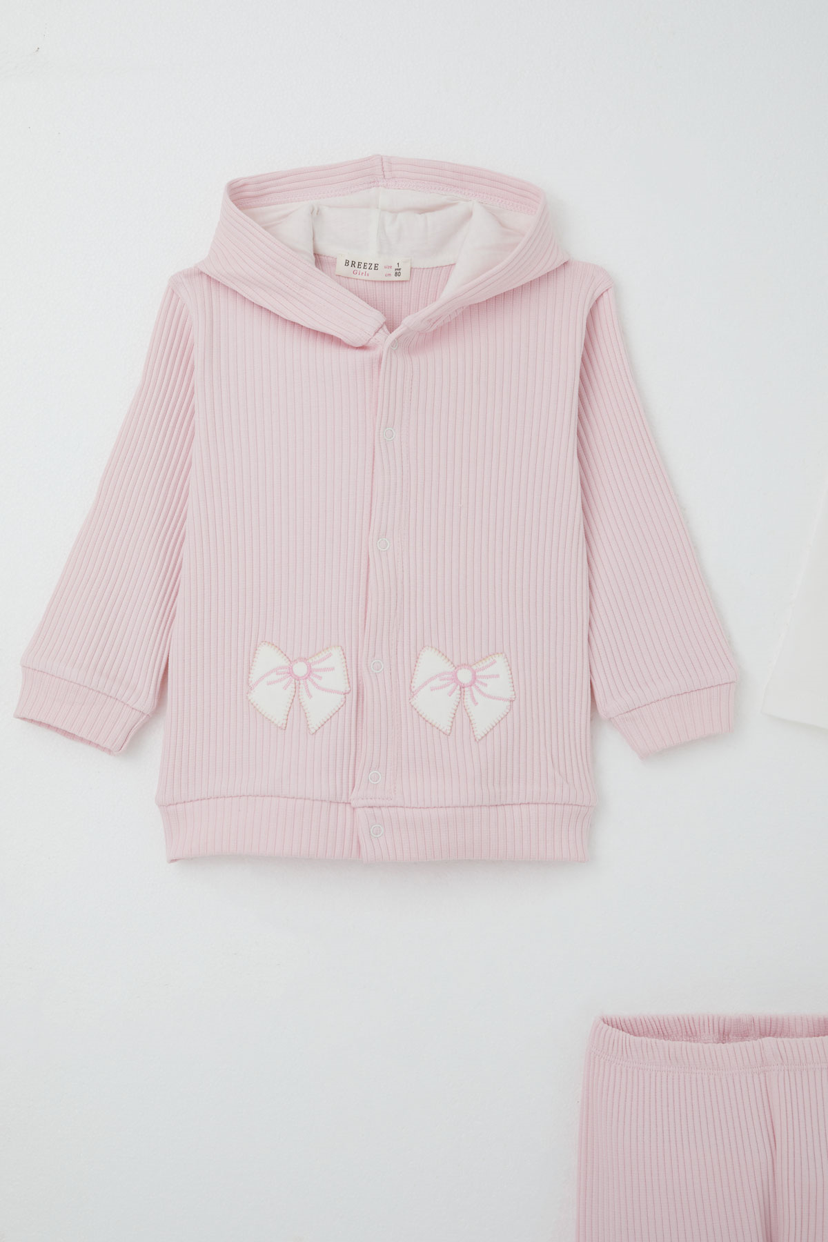 Breeze Kız Bebek Bodyli 3 lü Takım Fiyonk Arma Nakışlı Pembe (4 Ay-1 Yaş)