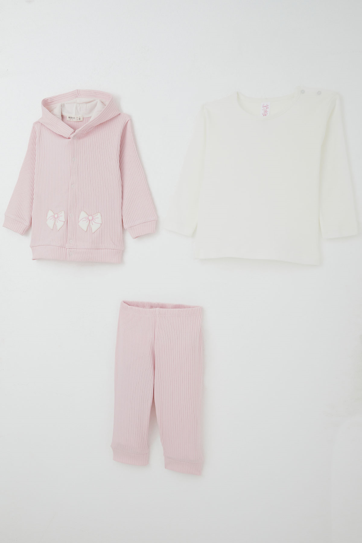 Breeze Kız Bebek Bodyli 3 lü Takım Fiyonk Arma Nakışlı Pembe (4 Ay-1 Yaş)