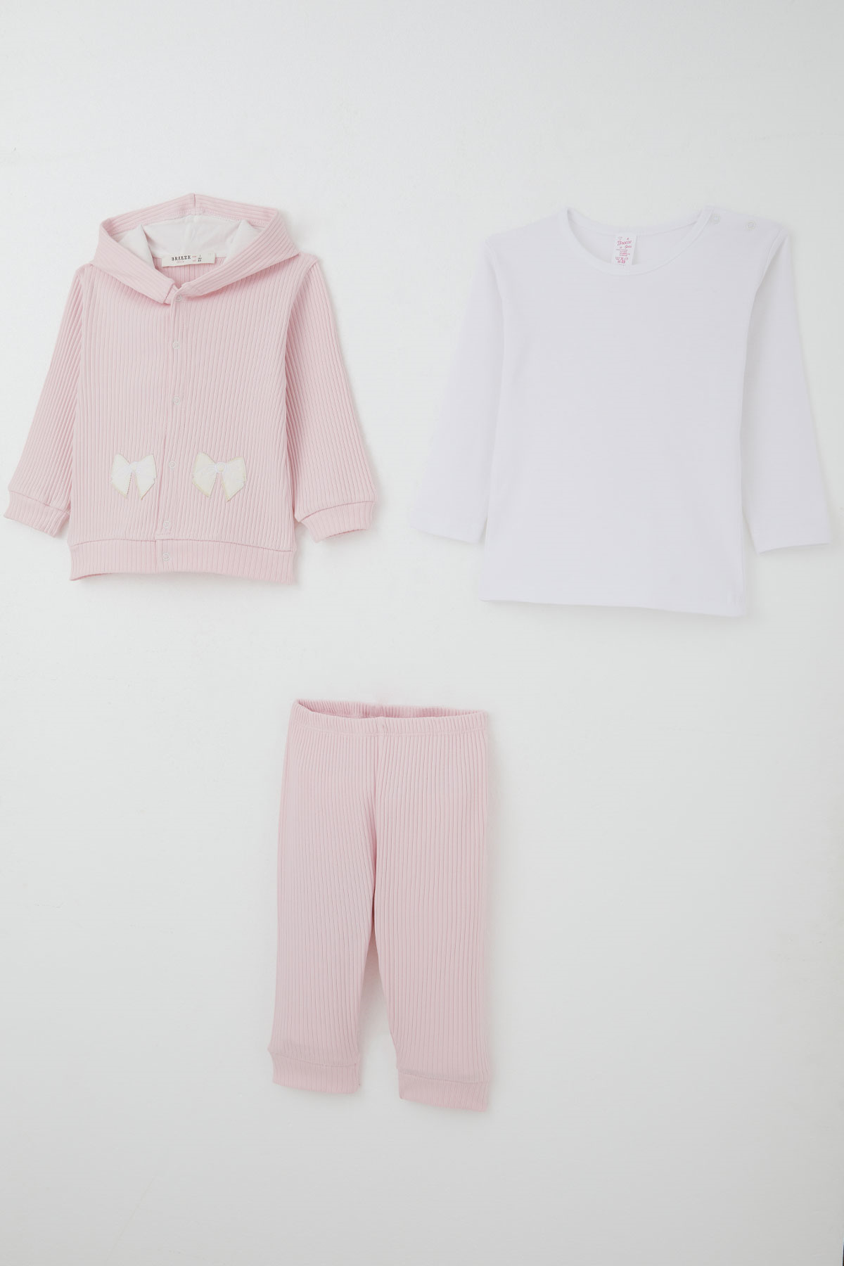 Breeze Kız Bebek Bodyli 3 lü Takım Fiyonk Arma Nakışlı Pembe (4 Ay-1 Yaş)