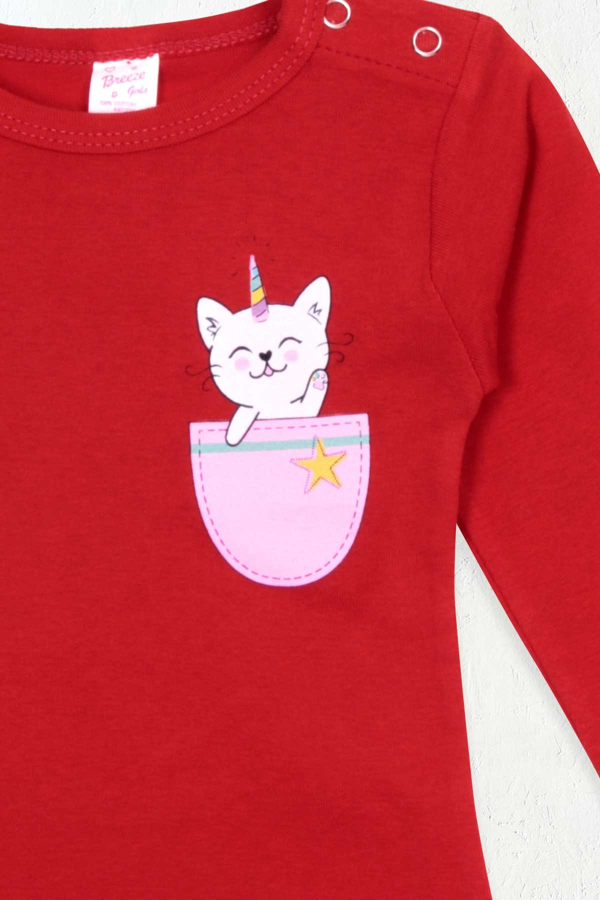 Breeze Kız Bebek Çıtçıtlı Body Caticorn Baskılı Kırmızı (9 Ay-3 Yaş)