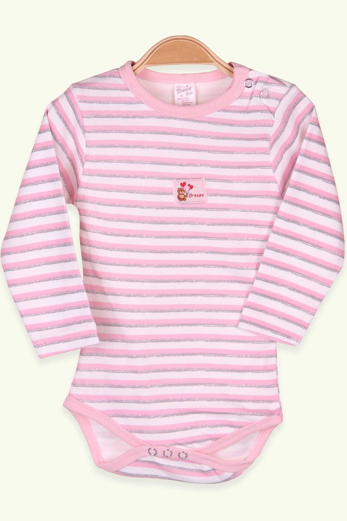 Breeze Kız Bebek Çıtçıtlı Body Çizgili Pudra (9 Ay-3 Yaş)