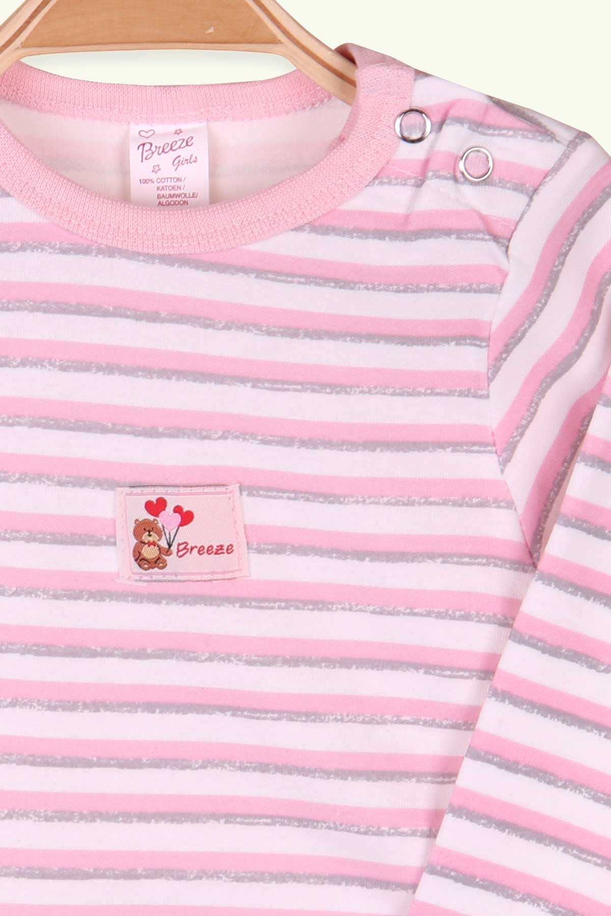 Breeze Kız Bebek Çıtçıtlı Body Çizgili Pudra (9 Ay-3 Yaş)