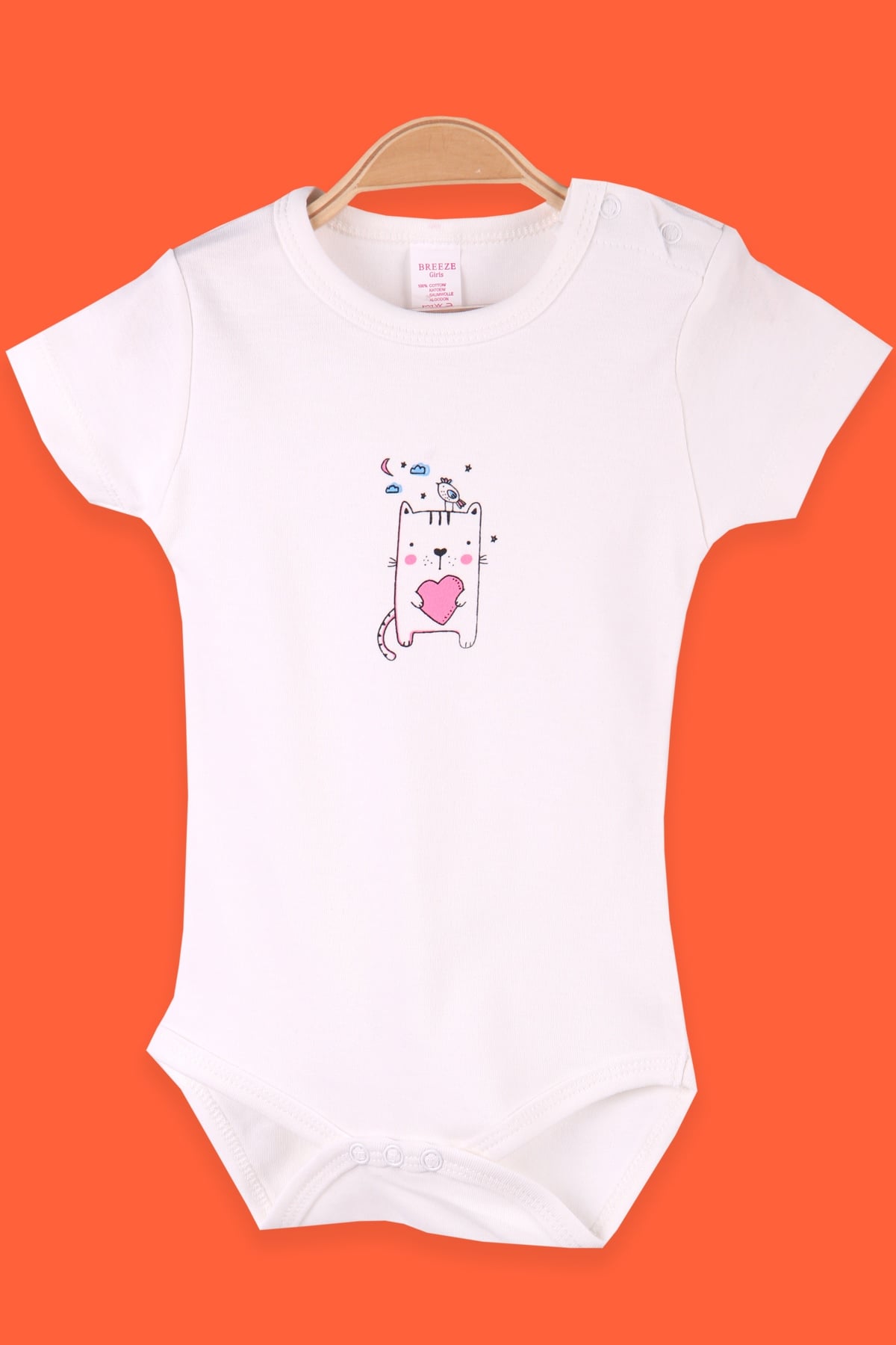 Breeze Kız Bebek Çıtçıtlı Body Kalpli Kedi Baskılı Ekru (9 Ay-3 Yaş)