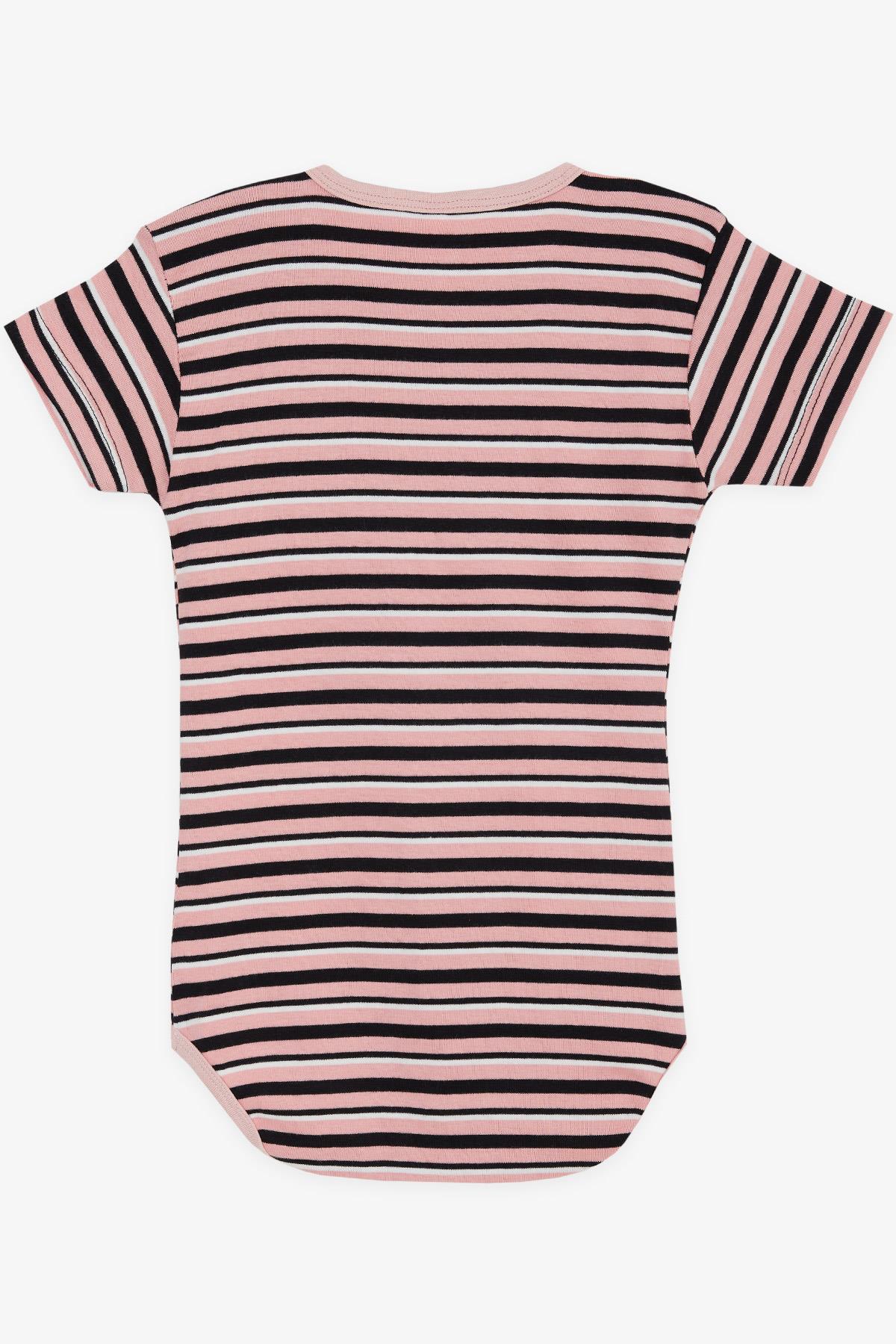Breeze Kız Bebek Çıtçıtlı Zıbın Body Çizgili Sevimli Ayıcık Baskılı Pembe (9 Ay-3 Yaş)