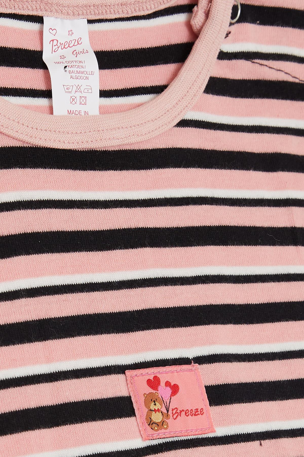 Breeze Kız Bebek Çıtçıtlı Zıbın Body Çizgili Sevimli Ayıcık Baskılı Pembe (9 Ay-3 Yaş)