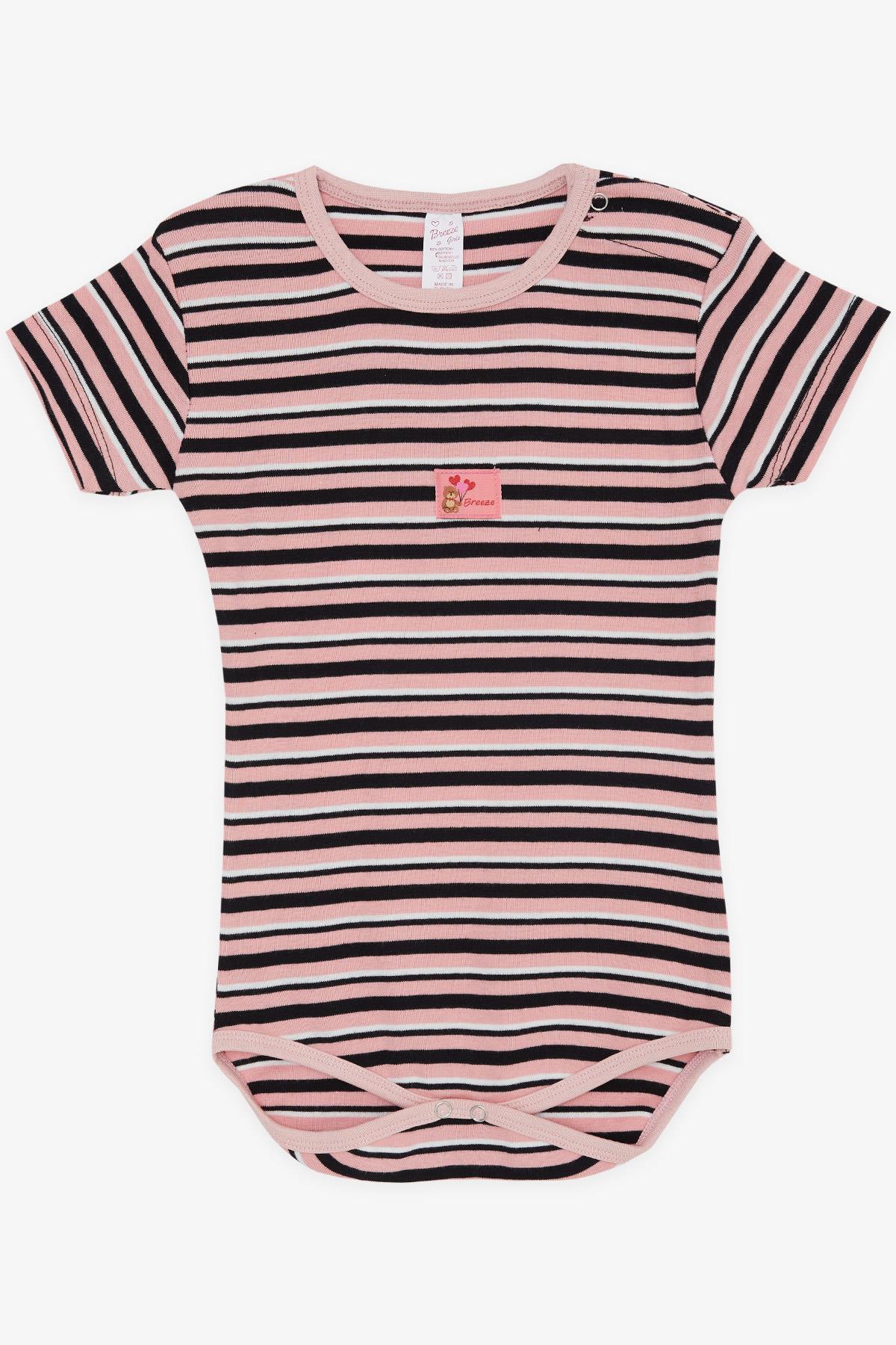 Breeze Kız Bebek Çıtçıtlı Zıbın Body Çizgili Sevimli Ayıcık Baskılı Pembe (9 Ay-3 Yaş)