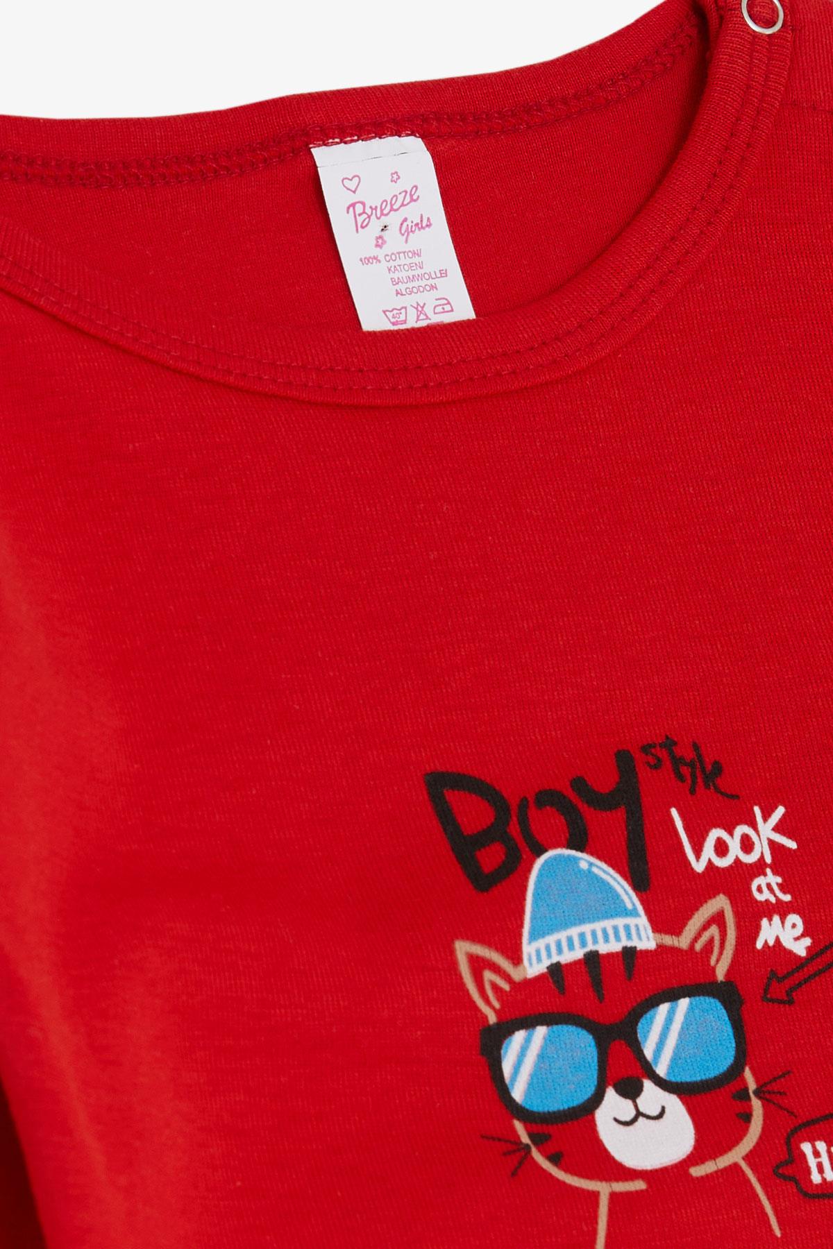 Breeze Kız Bebek Çıtçıtlı Zıbın Body Gözlüklü Kedicik Baskılı Kırmızı (9 Ay-3 Yaş)