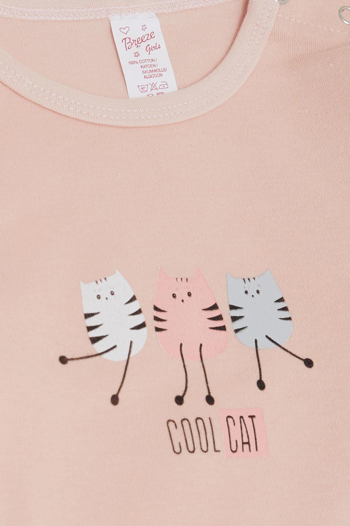 Breeze Kız Bebek Çıtçıtlı Zıbın Body Havalı Kedicikler Baskılı Pudra (9 Ay-3 Yaş)