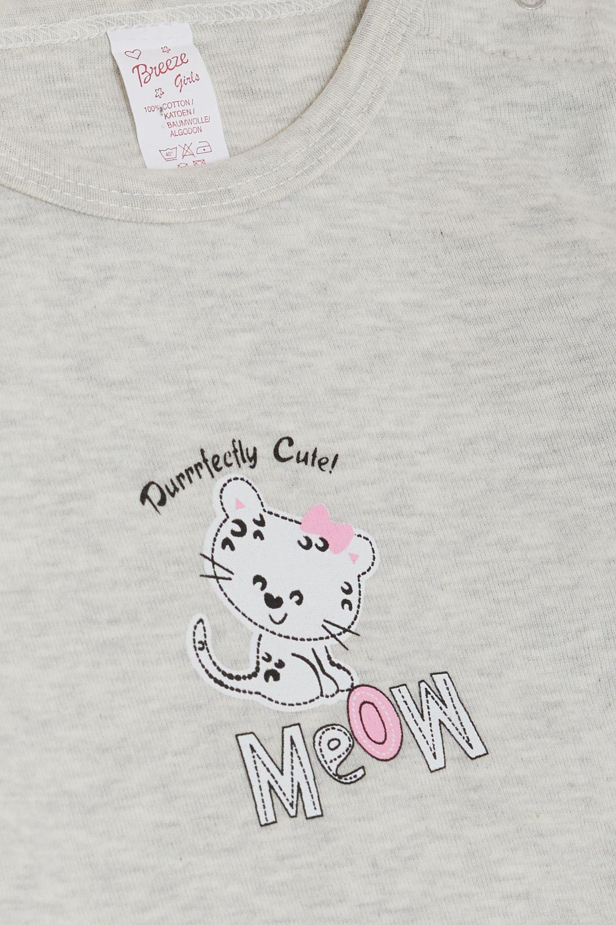 Breeze Kız Bebek Çıtçıtlı Zıbın Body Sevimli Bebek Kedicik Baskılı Açık Gri Melanj (9 Ay-3 Yaş)