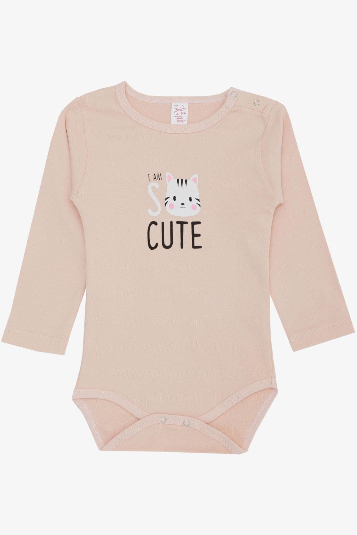 Breeze Kız Bebek Çıtçıtlı Zıbın Body Sevimli Kedicik Baskılı Pudra (9 Ay-3 Yaş)