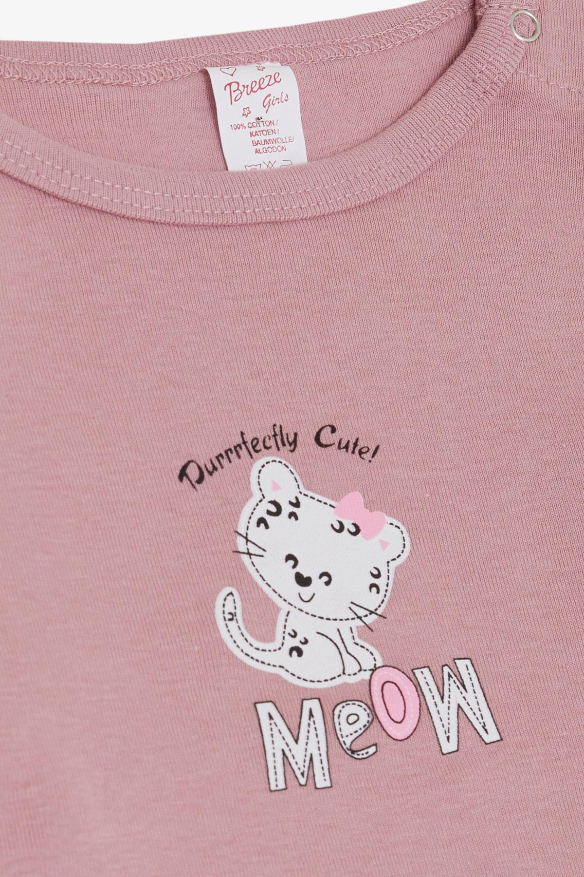 Breeze Kız Bebek Çıtçıtlı Zıbın Body Sevimli Bebek Kedicik Baskılı Gülkurusu (9 Ay-3 Yaş)