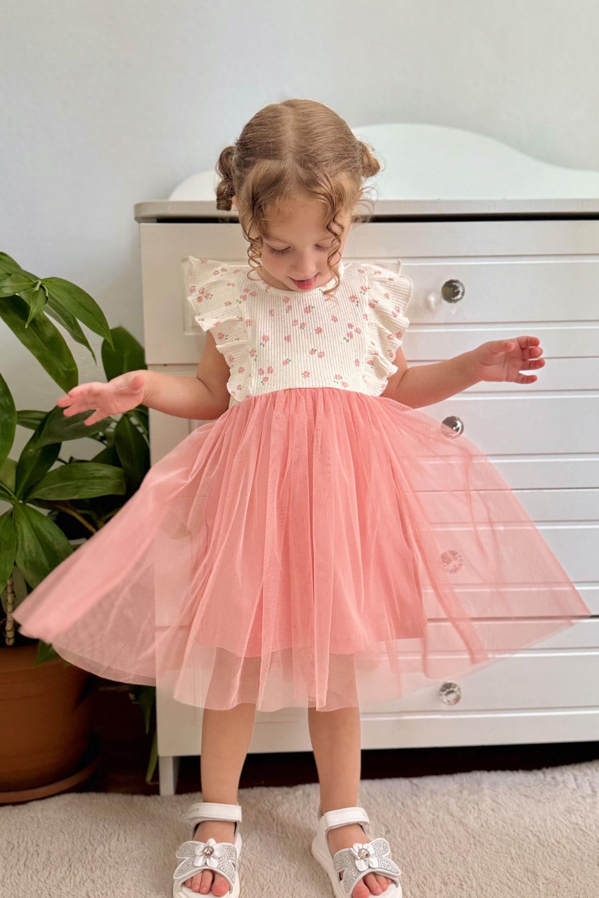 Breeze Kız Bebek Elbise Çiçekli Tüllü Fırfırlı Ekru (9 Ay-3 Yaş)
