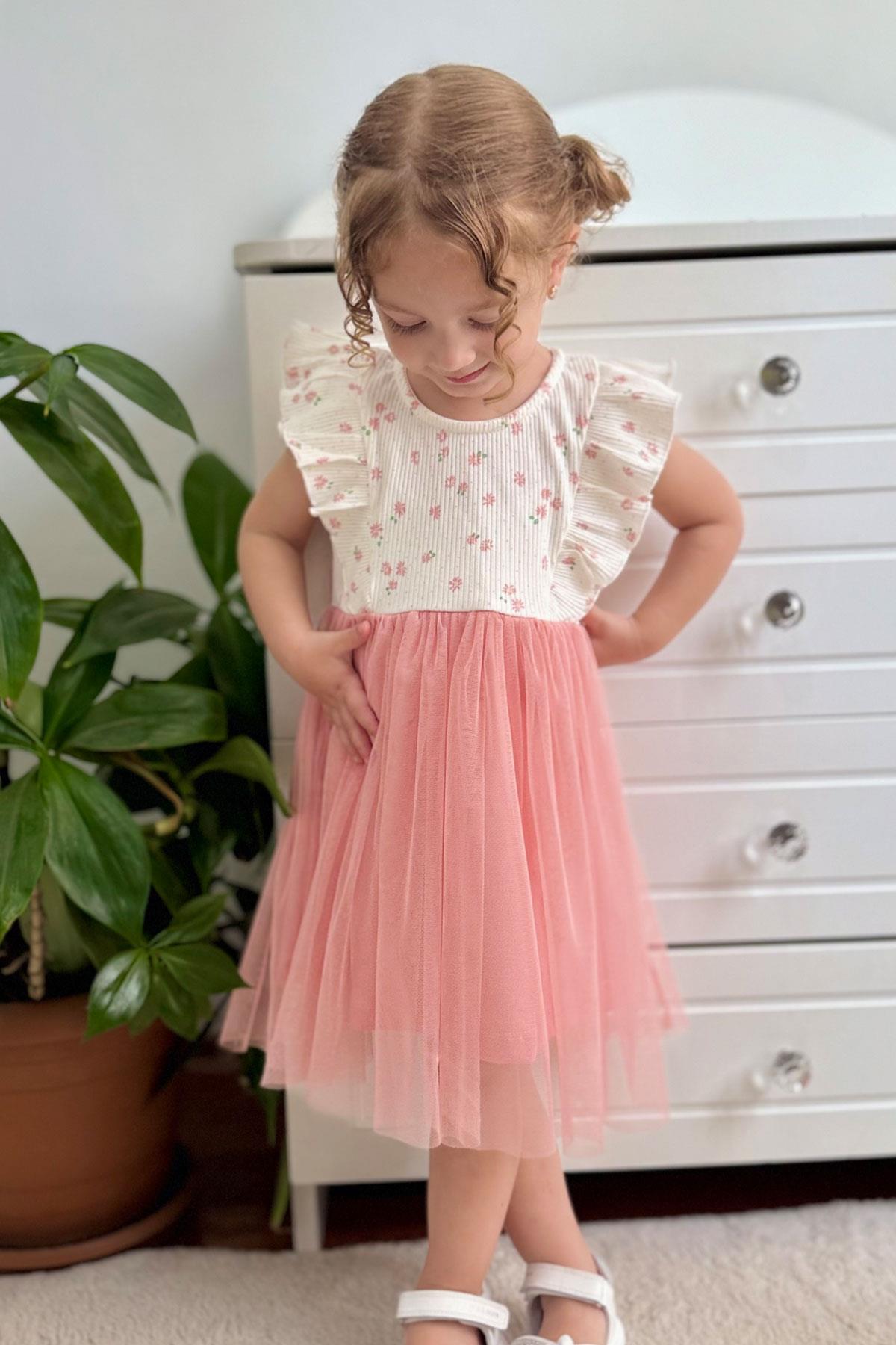 Breeze Kız Bebek Elbise Çiçekli Tüllü Fırfırlı Ekru (9 Ay-3 Yaş)