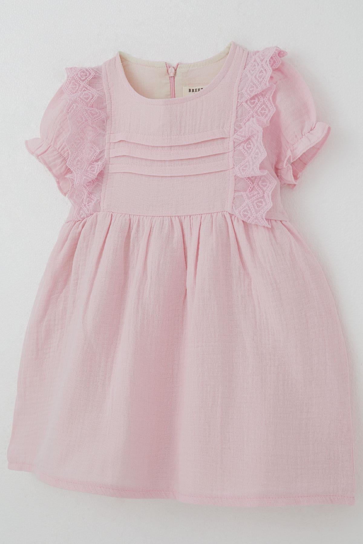 Breeze Kız Bebek Elbise Omuz Kısmı Güpür Detaylı Kolları Lastikli Pembe (9 Ay-3 Yaş)