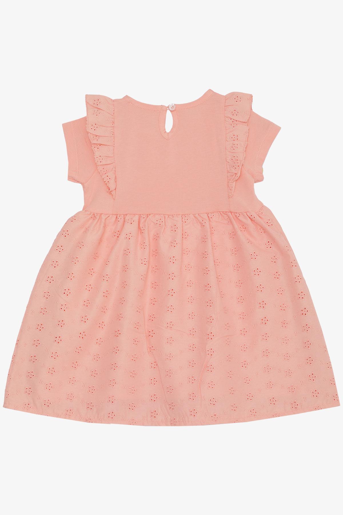 Breeze Kız Bebek Elbise Omuzu Fırfırlı Fiyonklu Çiçek Nakışlı Somon (9 Ay-3 Yaş)