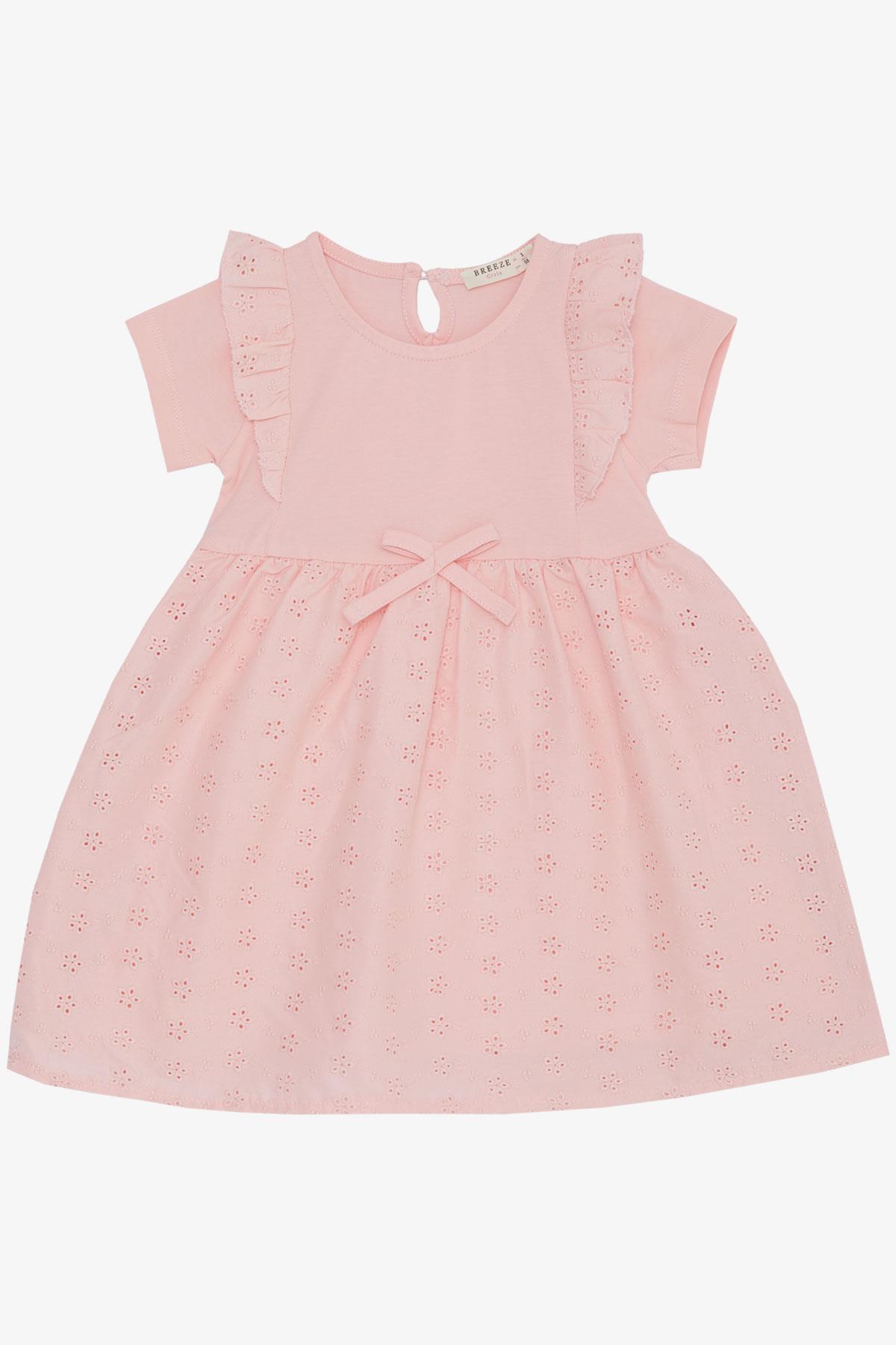 Breeze Kız Bebek Elbise Omuzu Fırfırlı Fiyonklu Çiçek Nakışlı Pembe (9 Ay-3 Yaş)
