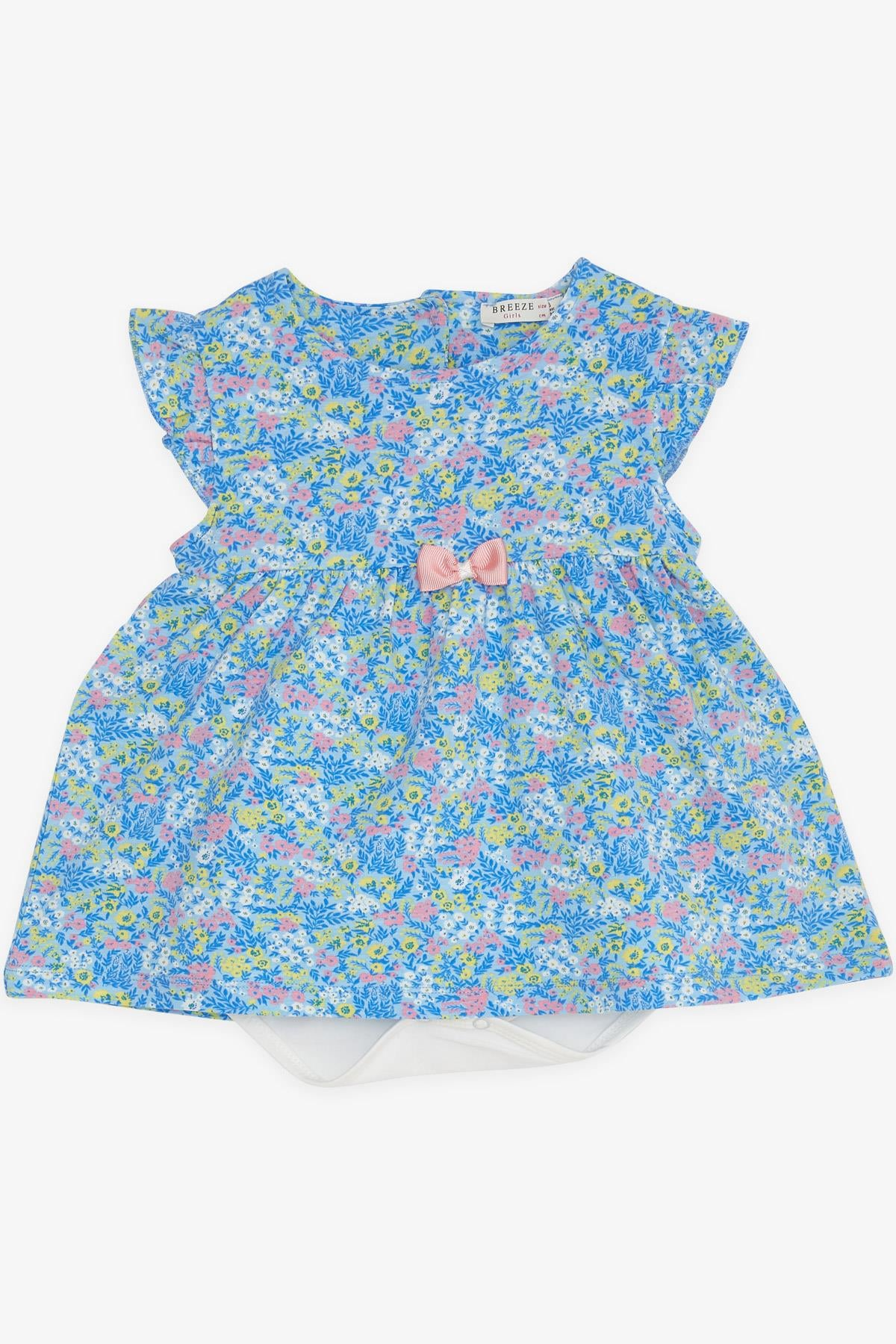 Breeze Kız Bebek Elbise Zıbınlı Çiçek Desenli Fiyonklu Mavi (9 Ay-3 Yaş)