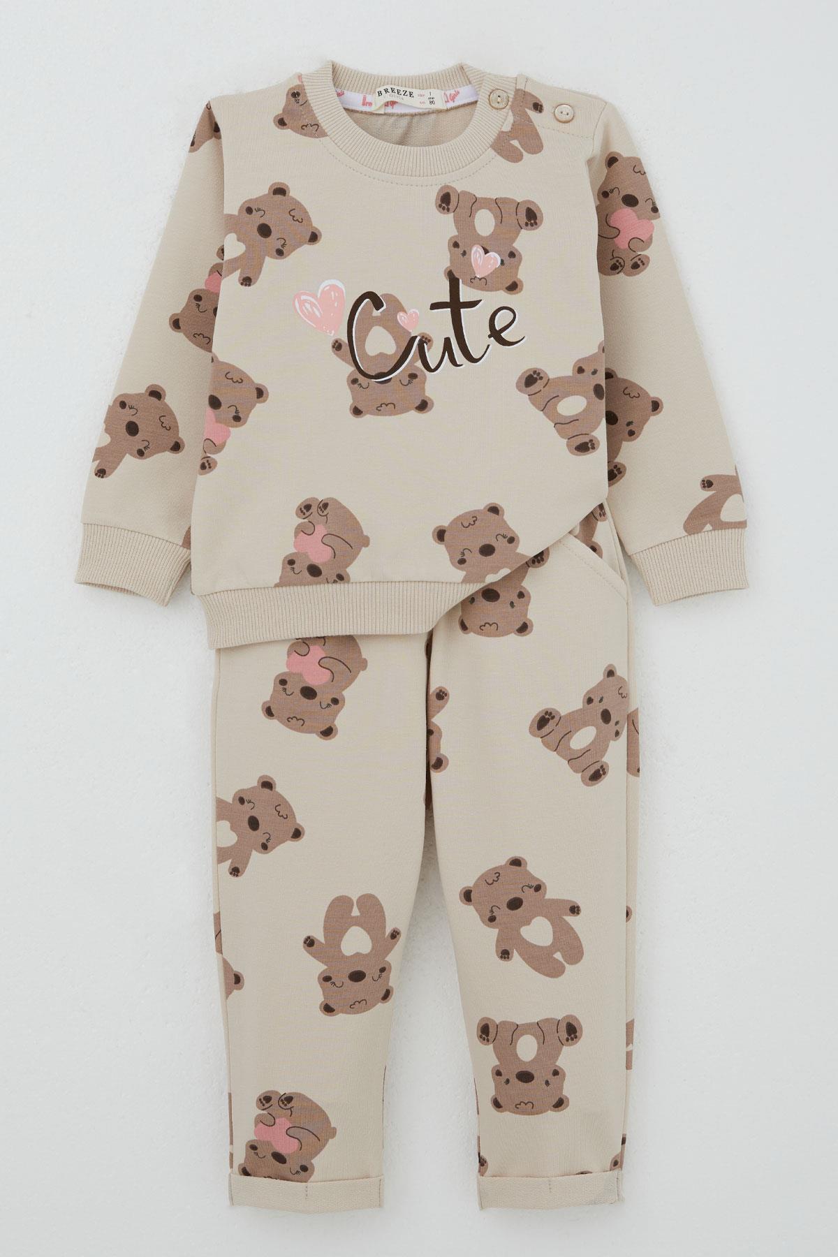 Breeze Kız Bebek Eşofman Takım Mutlu Ayıcık Desenli Bej (6 Ay-1.5 Yaş)