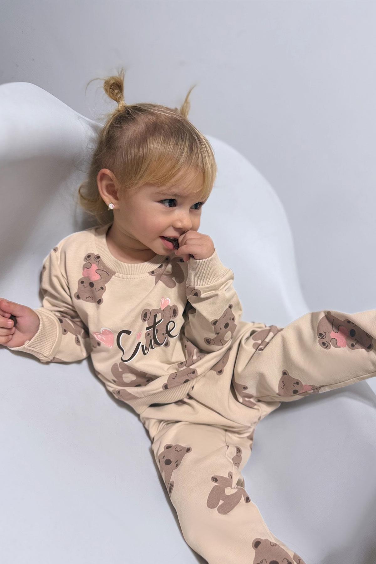 Breeze Kız Bebek Eşofman Takım Mutlu Ayıcık Desenli Bej (6 Ay-1.5 Yaş)