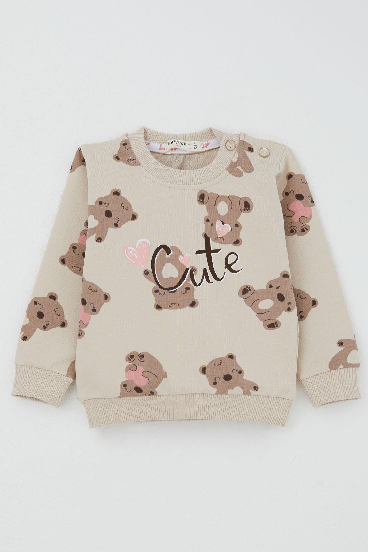 Breeze Kız Bebek Eşofman Takım Mutlu Ayıcık Desenli Bej (6 Ay-1.5 Yaş)