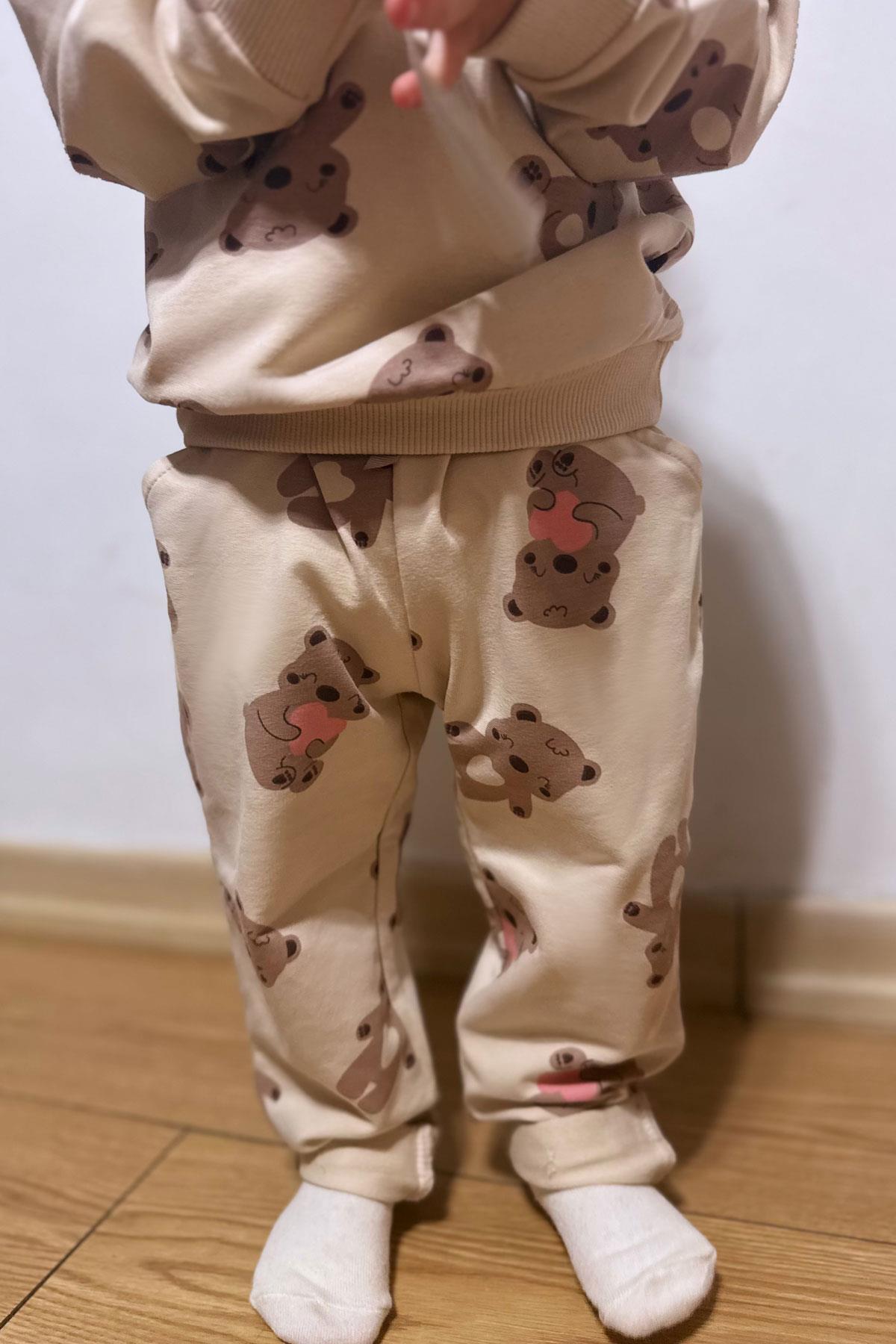 Breeze Kız Bebek Eşofman Takım Mutlu Ayıcık Desenli Bej (6 Ay-1.5 Yaş)