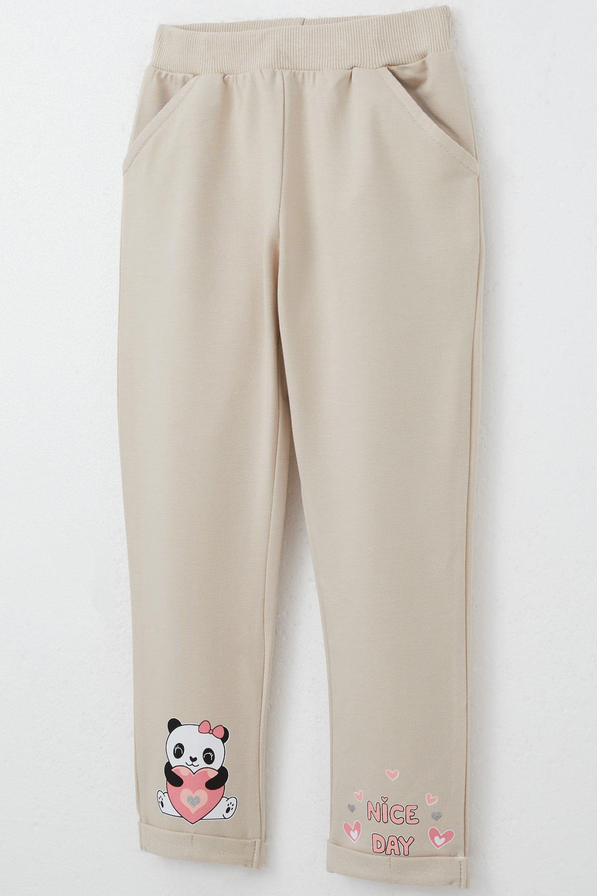 Breeze Kız Bebek Eşofman Takım Mutlu Pandacık Baskılı Bej (9 Ay-3 Yaş)