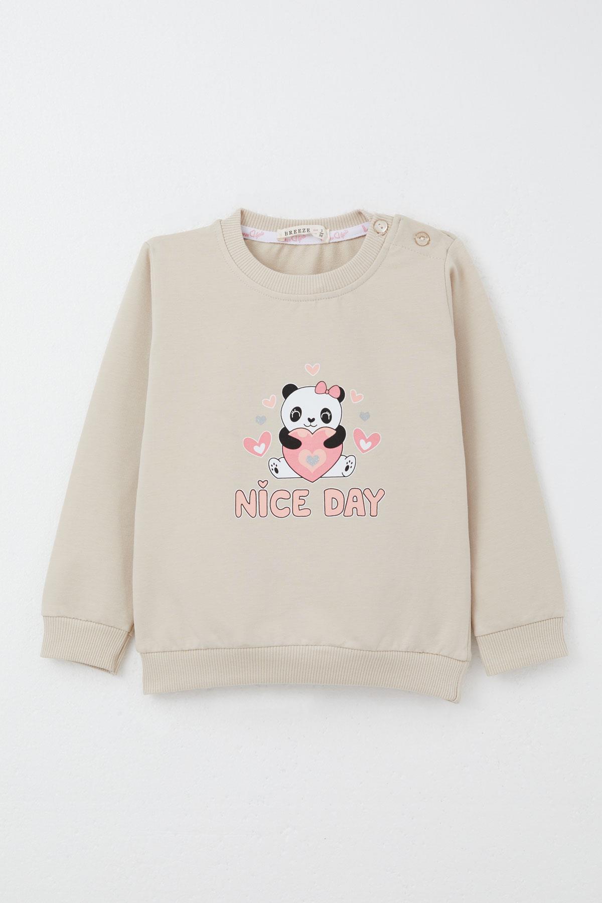 Breeze Kız Bebek Eşofman Takım Mutlu Pandacık Baskılı Bej (9 Ay-3 Yaş)