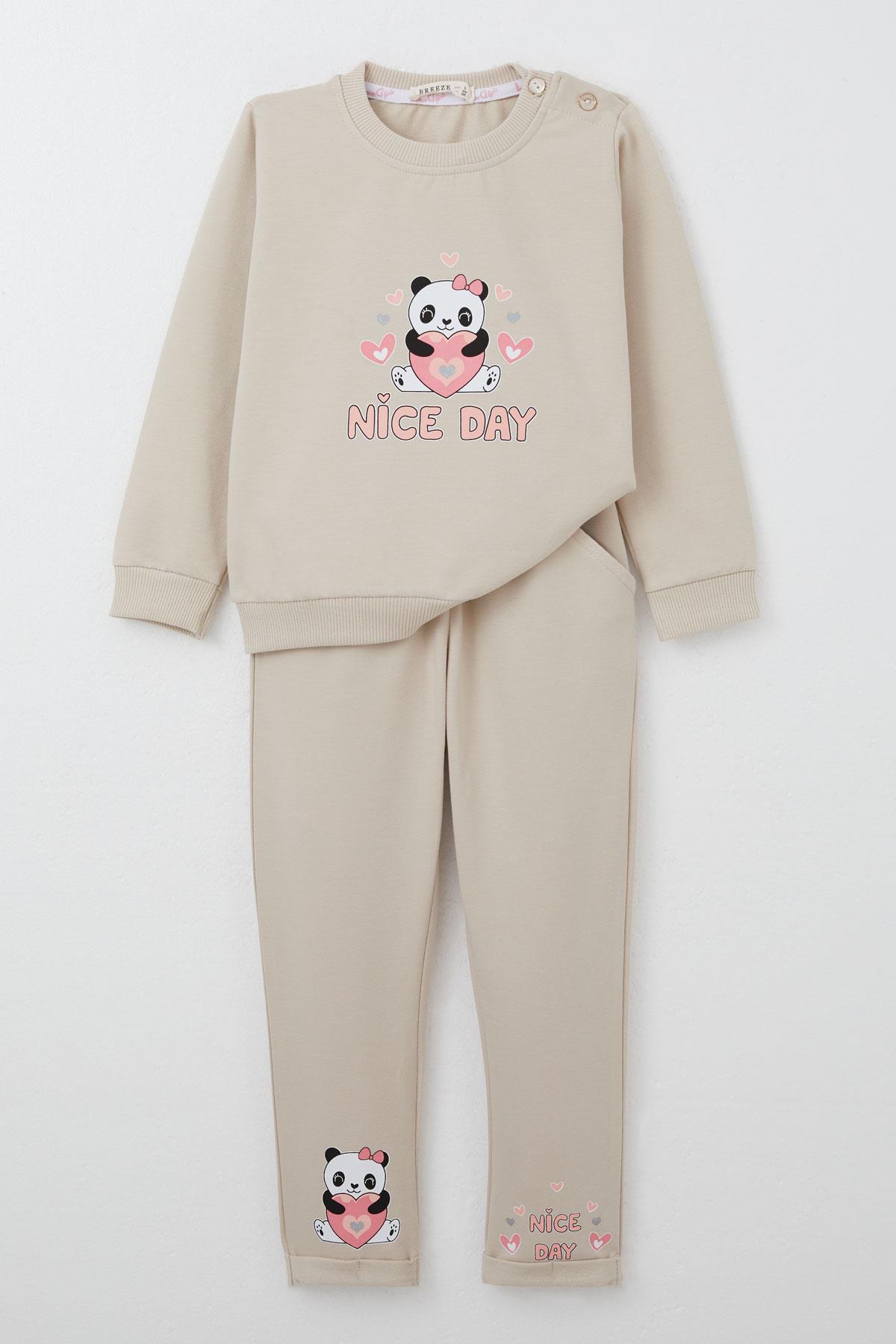 Breeze Kız Bebek Eşofman Takım Mutlu Pandacık Baskılı Bej (9 Ay-3 Yaş)