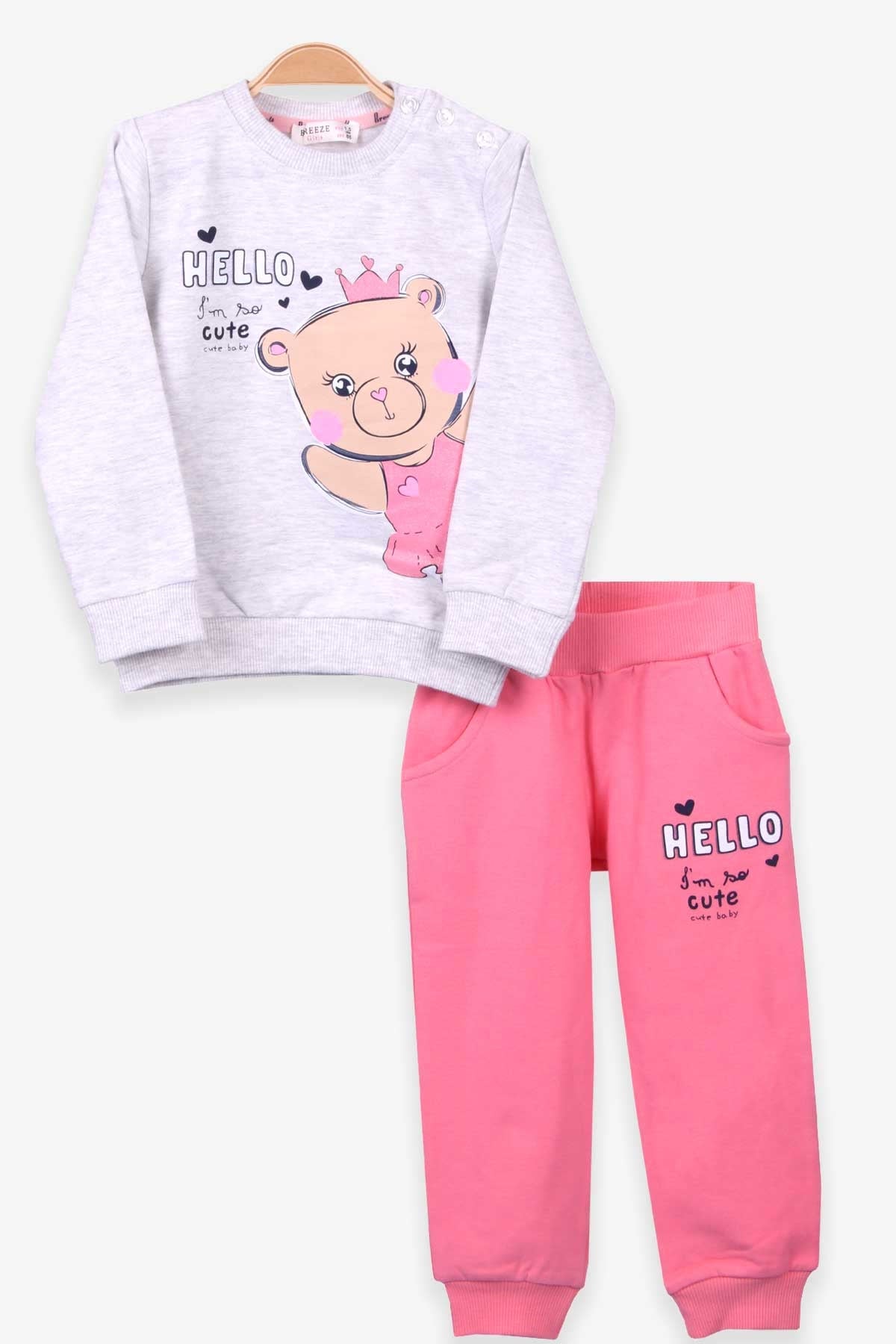 Breeze Kız Bebek Eşofman Takımı Ayıcık Baskılı Açık Gri Melanj (1.5 Yaş)