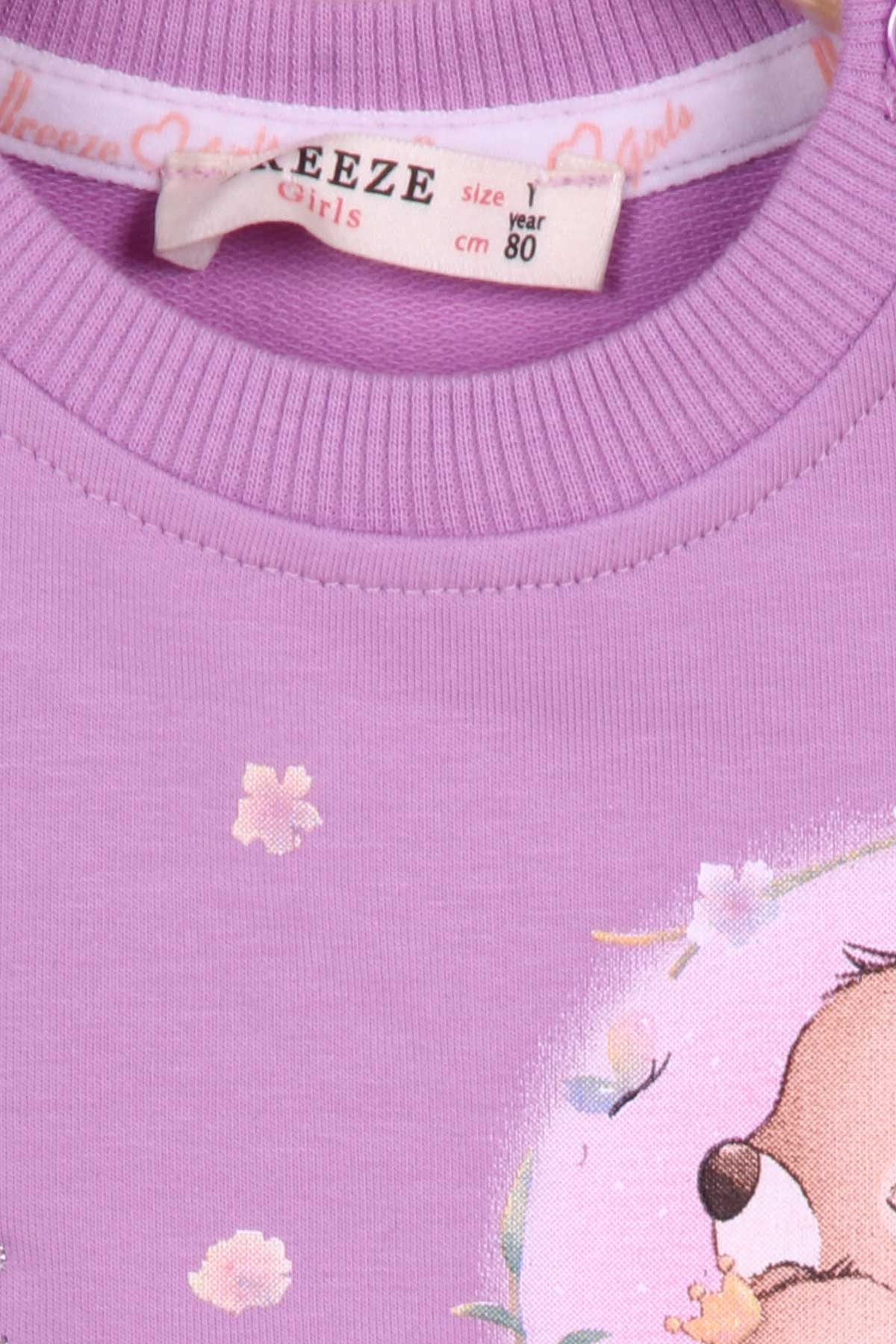 Breeze Kız Bebek Eşofman Takımı Ayıcık Baskılı Eflatun (9 Ay-3 Yaş)