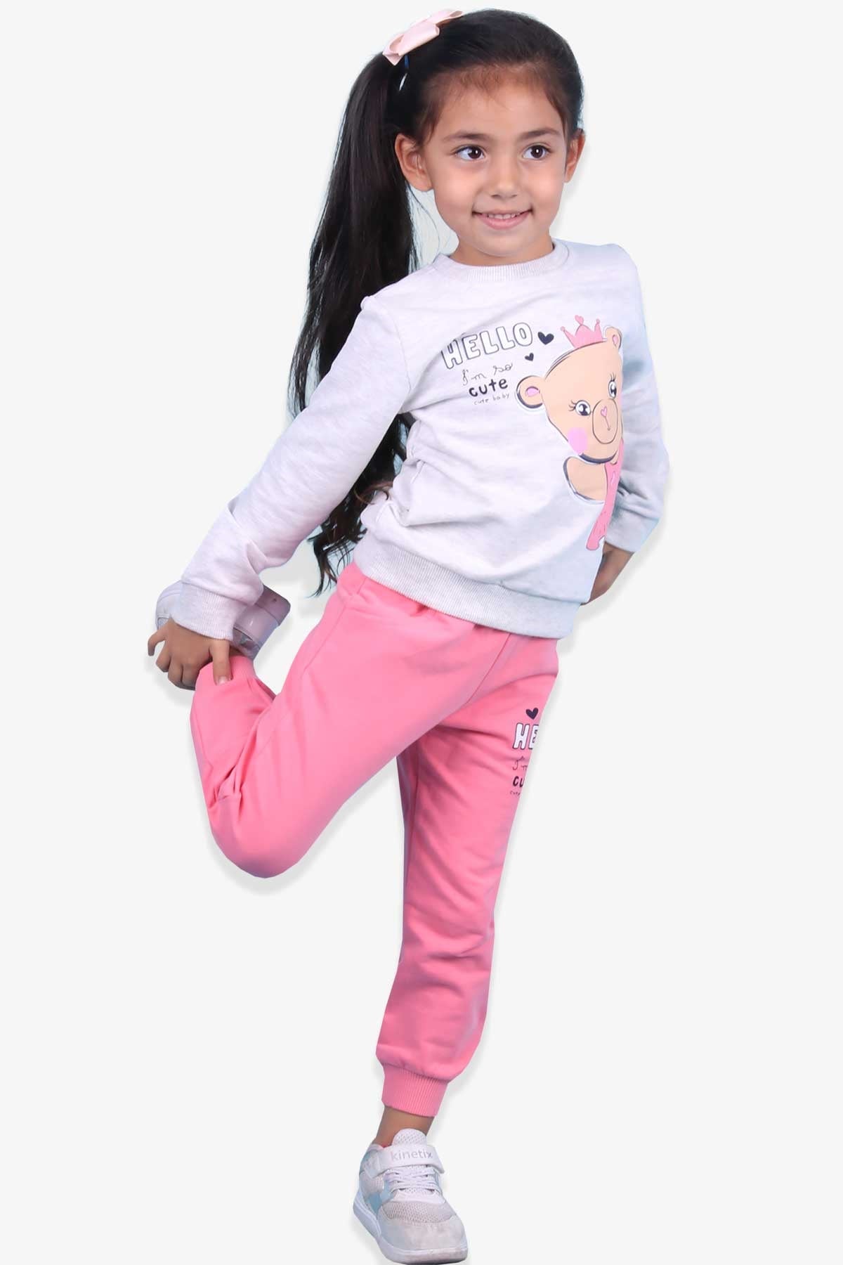 Breeze Kız Bebek Eşofman Takımı Ayıcık Baskılı Açık Gri Melanj (1.5 Yaş)