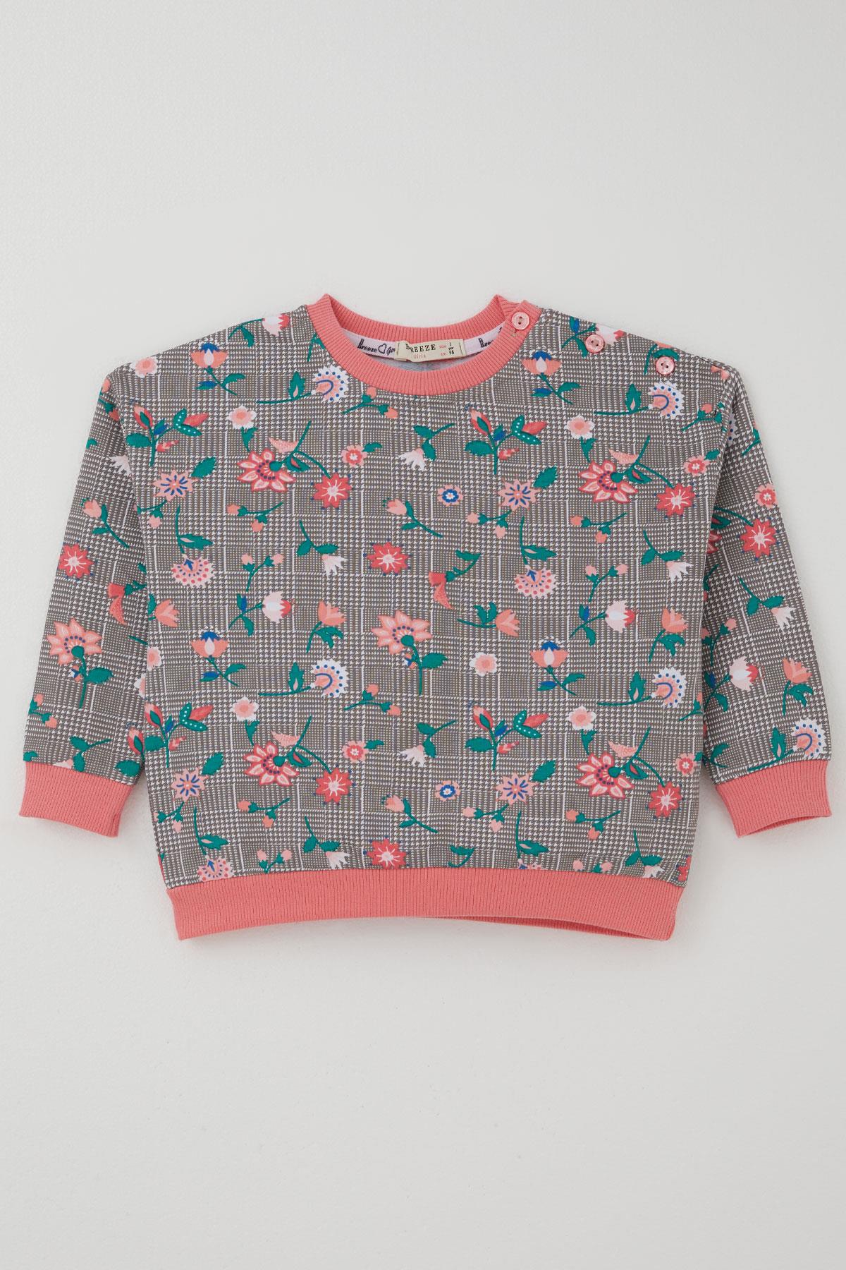 Breeze Kız Bebek Eşofman Takımı Ekose Desenli Çiçek Bahçesi Vizon (9 Ay-3 Yaş)