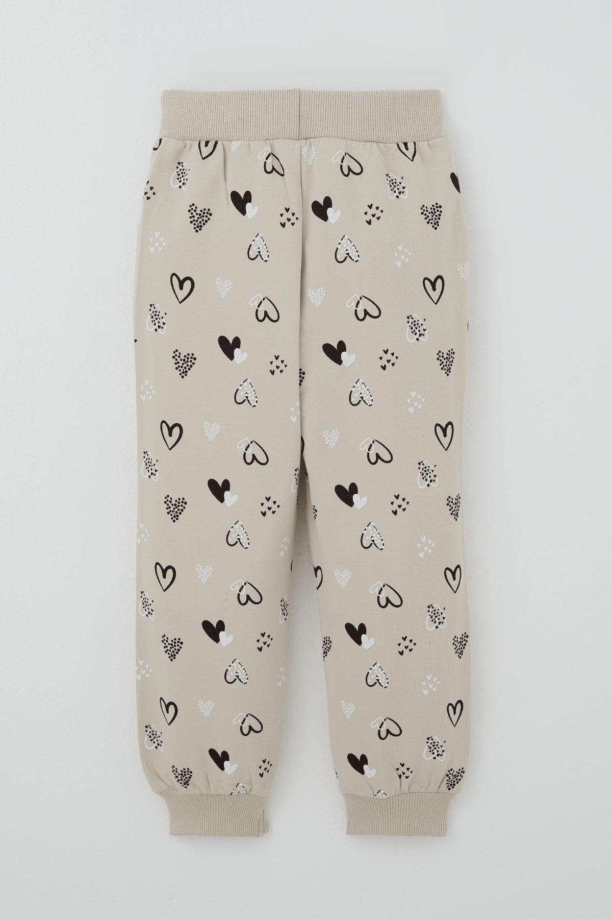 Breeze Kız Bebek Eşofman Takımı Kalp Desenli Omuzu Fırfır Detaylı Kapüşonlu Bej (9 Ay-3 Yaş)