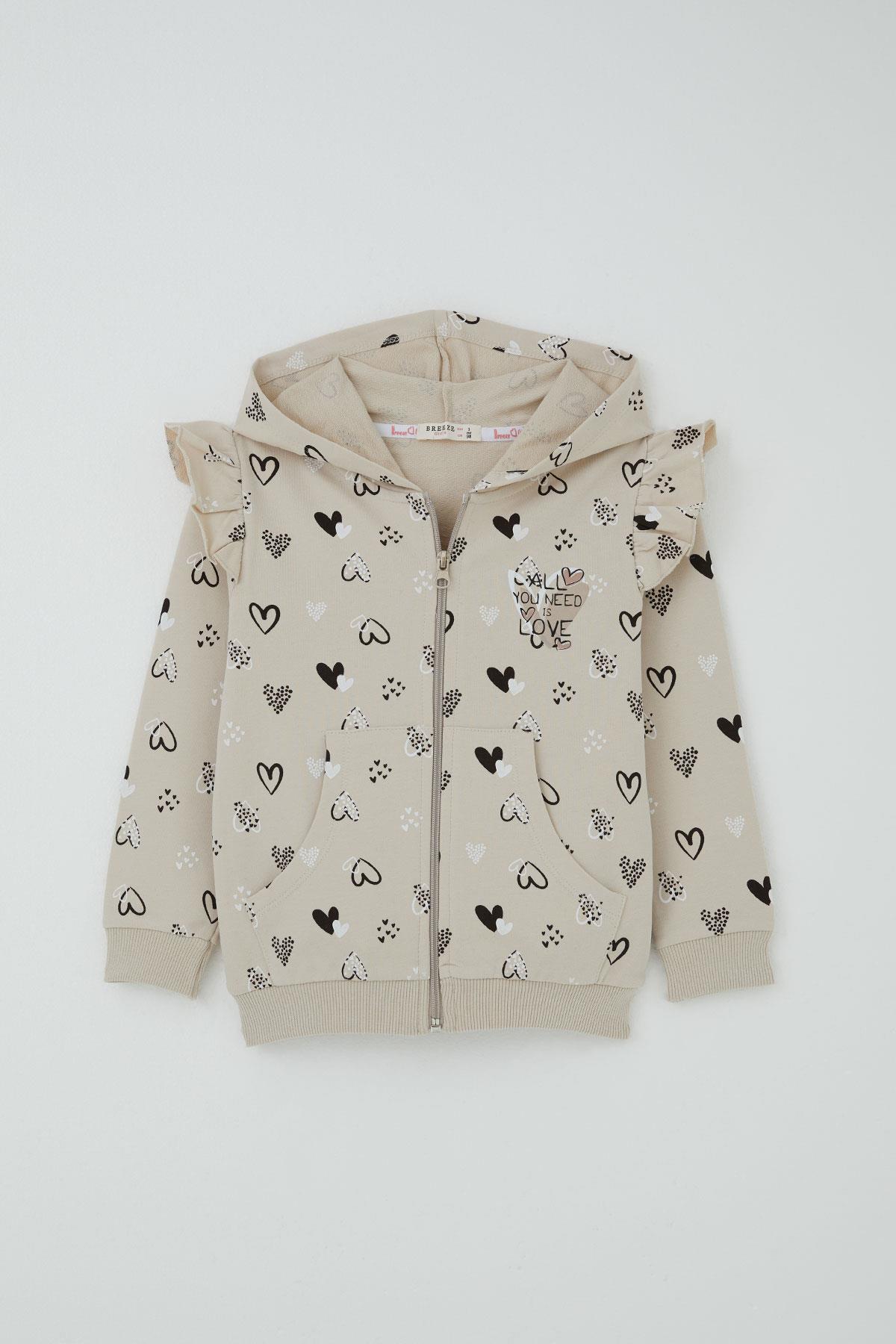 Breeze Kız Bebek Eşofman Takımı Kalp Desenli Omuzu Fırfır Detaylı Kapüşonlu Bej (9 Ay-3 Yaş)