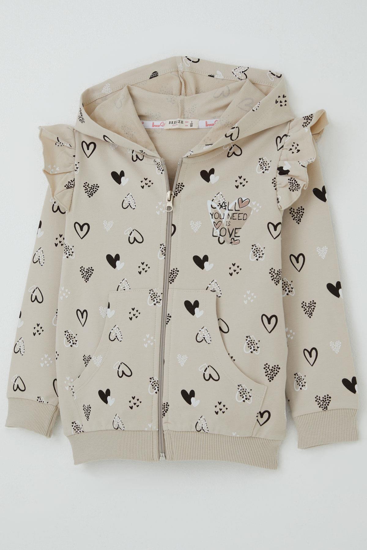 Breeze Kız Bebek Eşofman Takımı Kalp Desenli Omuzu Fırfır Detaylı Kapüşonlu Bej (9 Ay-3 Yaş)