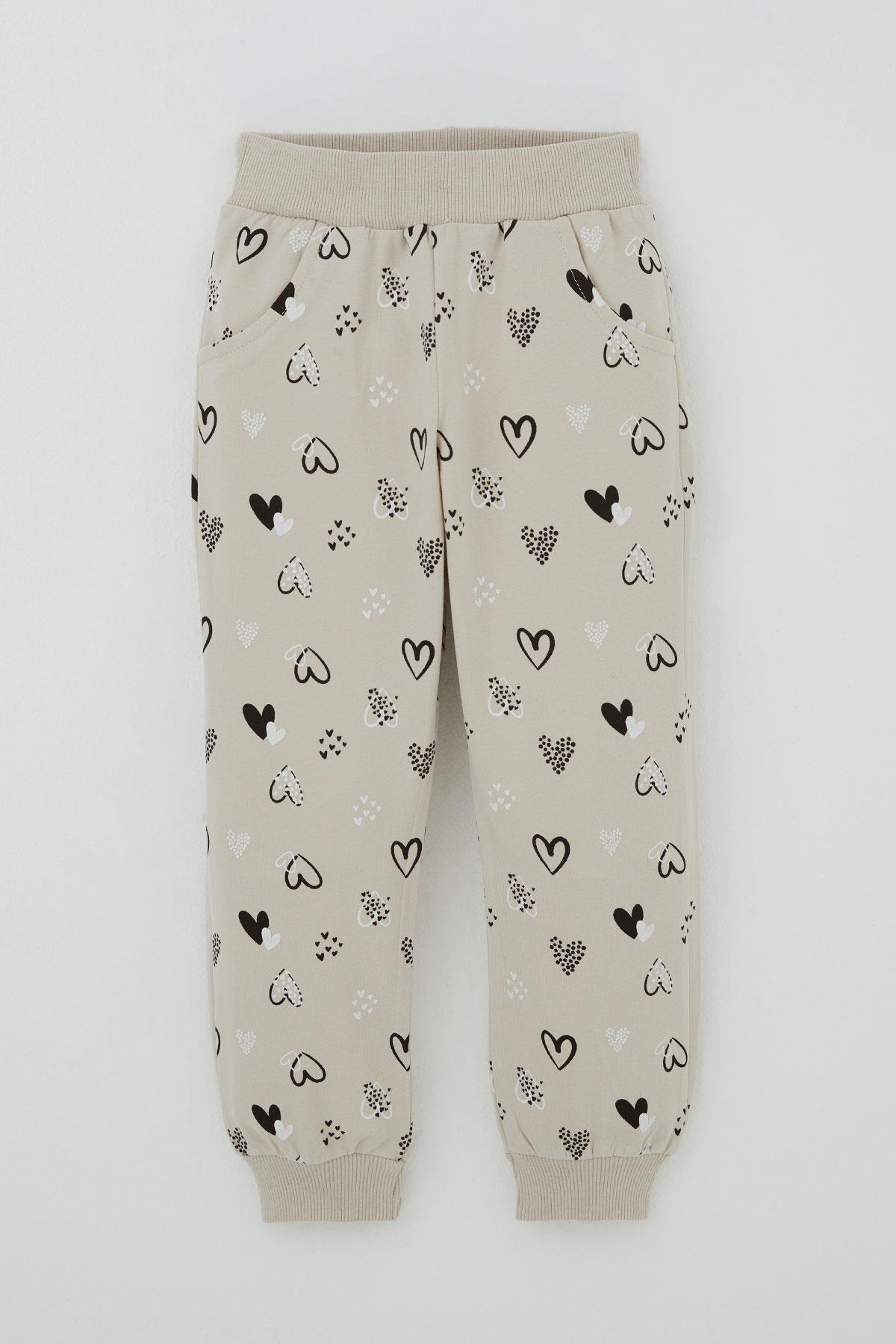 Breeze Kız Bebek Eşofman Takımı Kalp Desenli Omuzu Fırfır Detaylı Kapüşonlu Bej (9 Ay-3 Yaş)