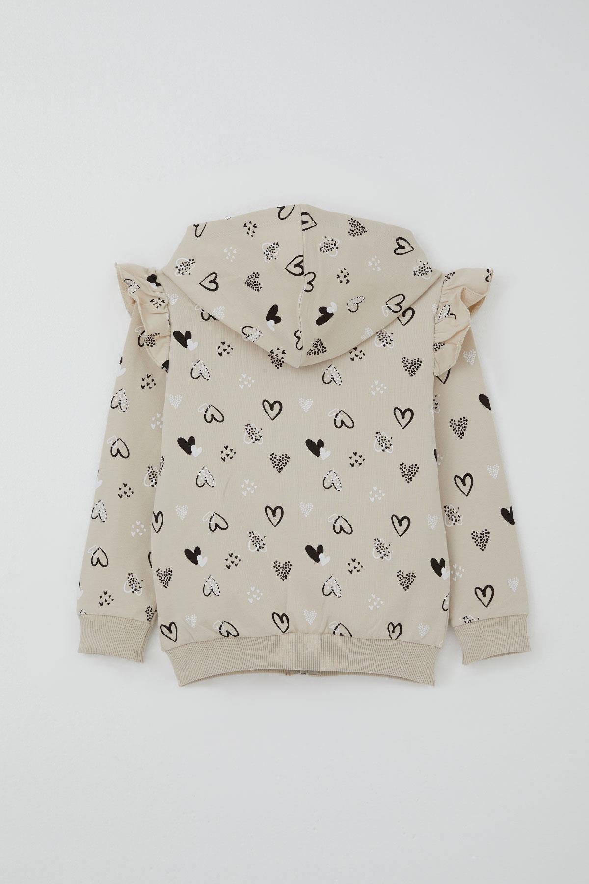 Breeze Kız Bebek Eşofman Takımı Kalp Desenli Omuzu Fırfır Detaylı Kapüşonlu Bej (9 Ay-3 Yaş)
