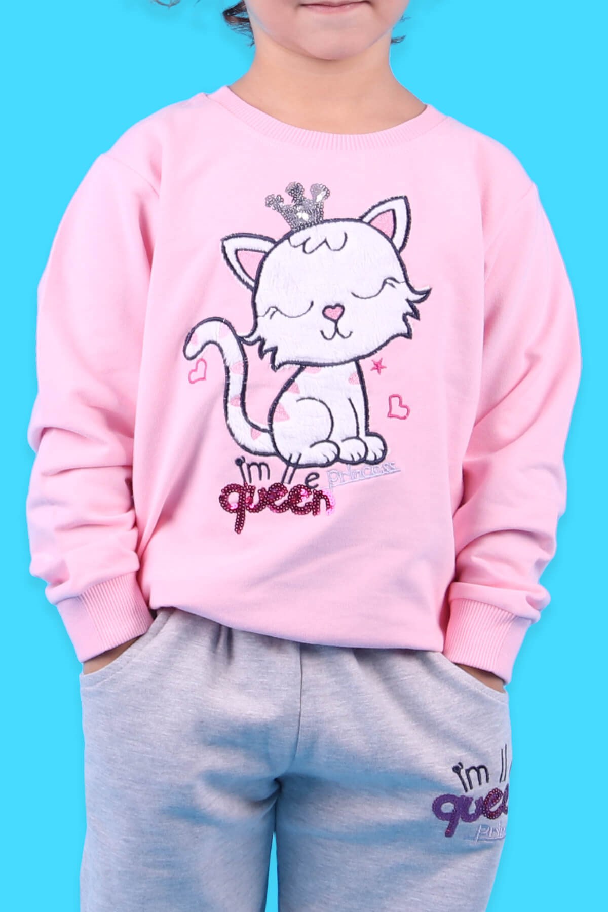 Breeze Kız Bebek Eşofman Takımı Kedili Pullu Pembe (1.5-5 Yaş)