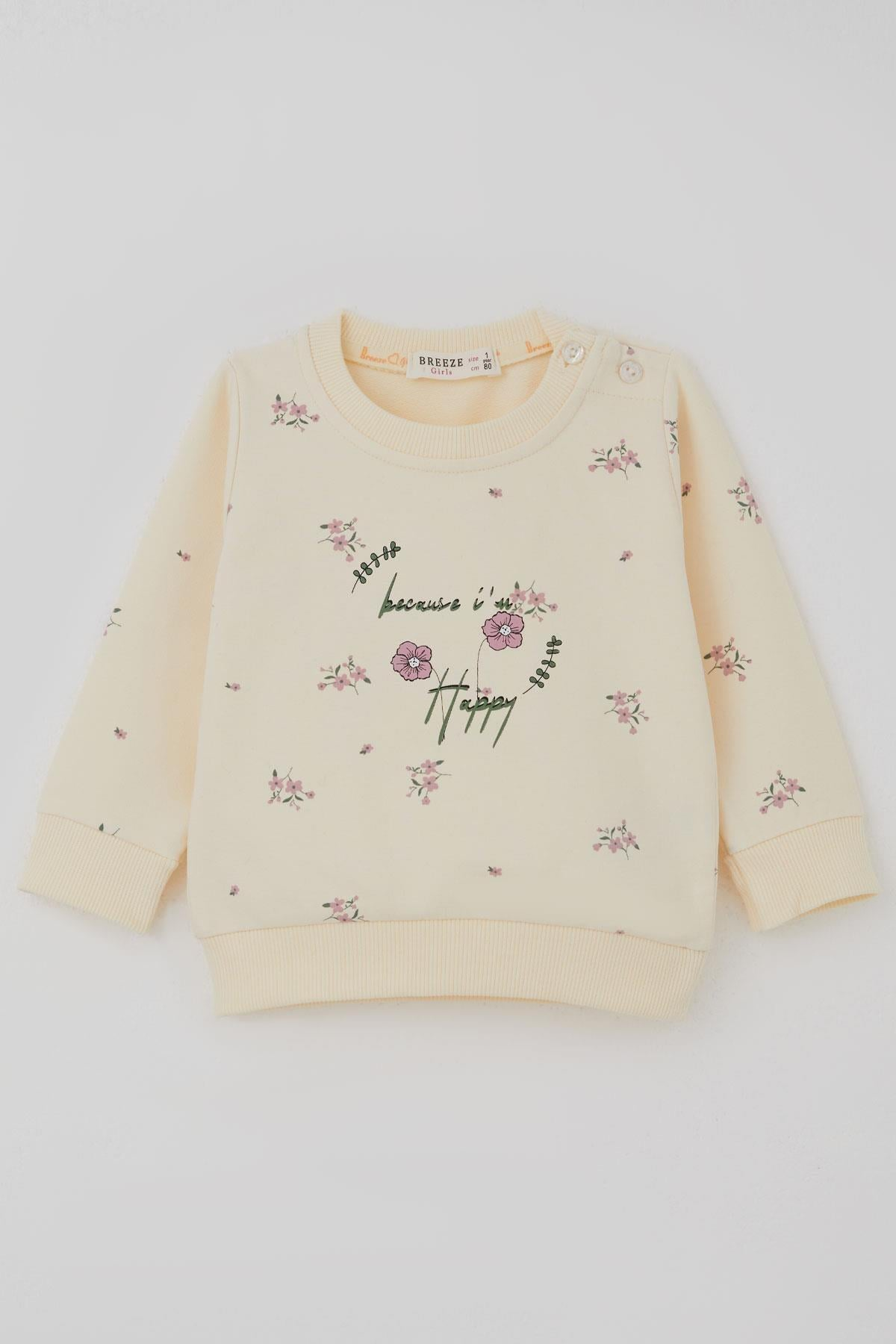 Breeze Kız Bebek Eşofman Takımı Pembe Çiçek Desenli Krem (6 Ay-2 Yaş)