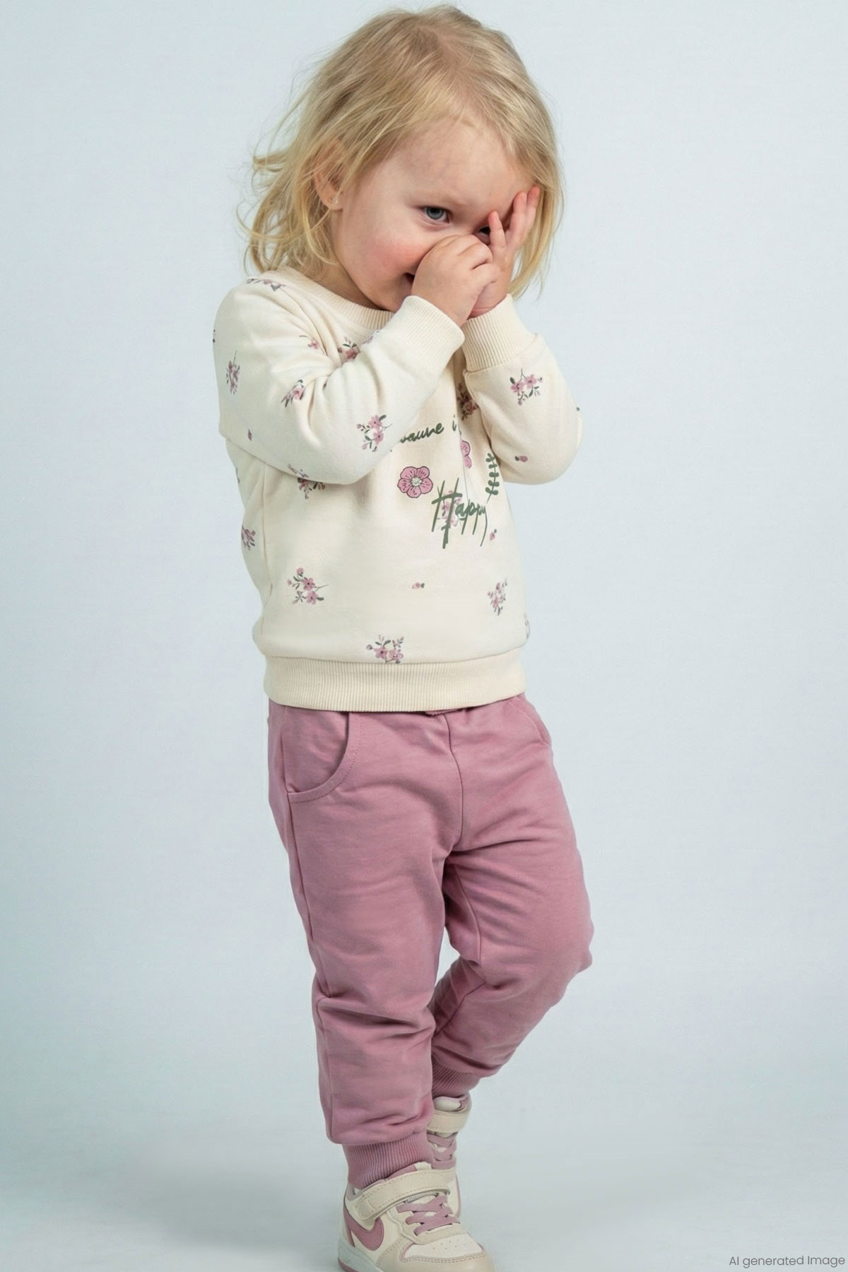 Breeze Kız Bebek Eşofman Takımı Pembe Çiçek Desenli Krem (6 Ay-2 Yaş)
