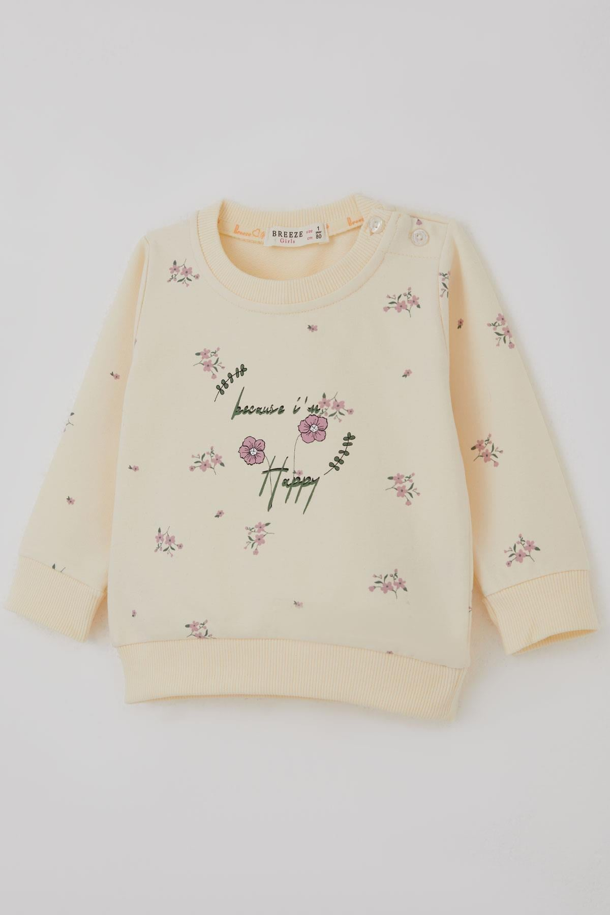 Breeze Kız Bebek Eşofman Takımı Pembe Çiçek Desenli Krem (6 Ay-2 Yaş)