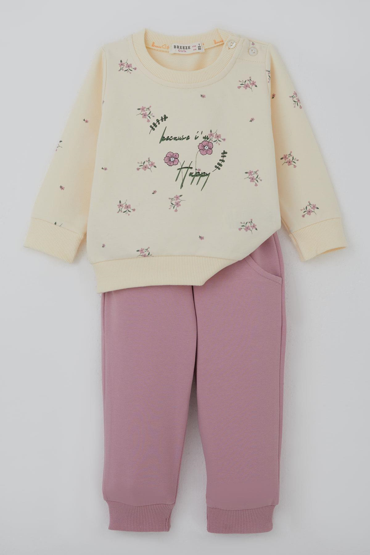 Breeze Kız Bebek Eşofman Takımı Pembe Çiçek Desenli Krem (6 Ay-2 Yaş)