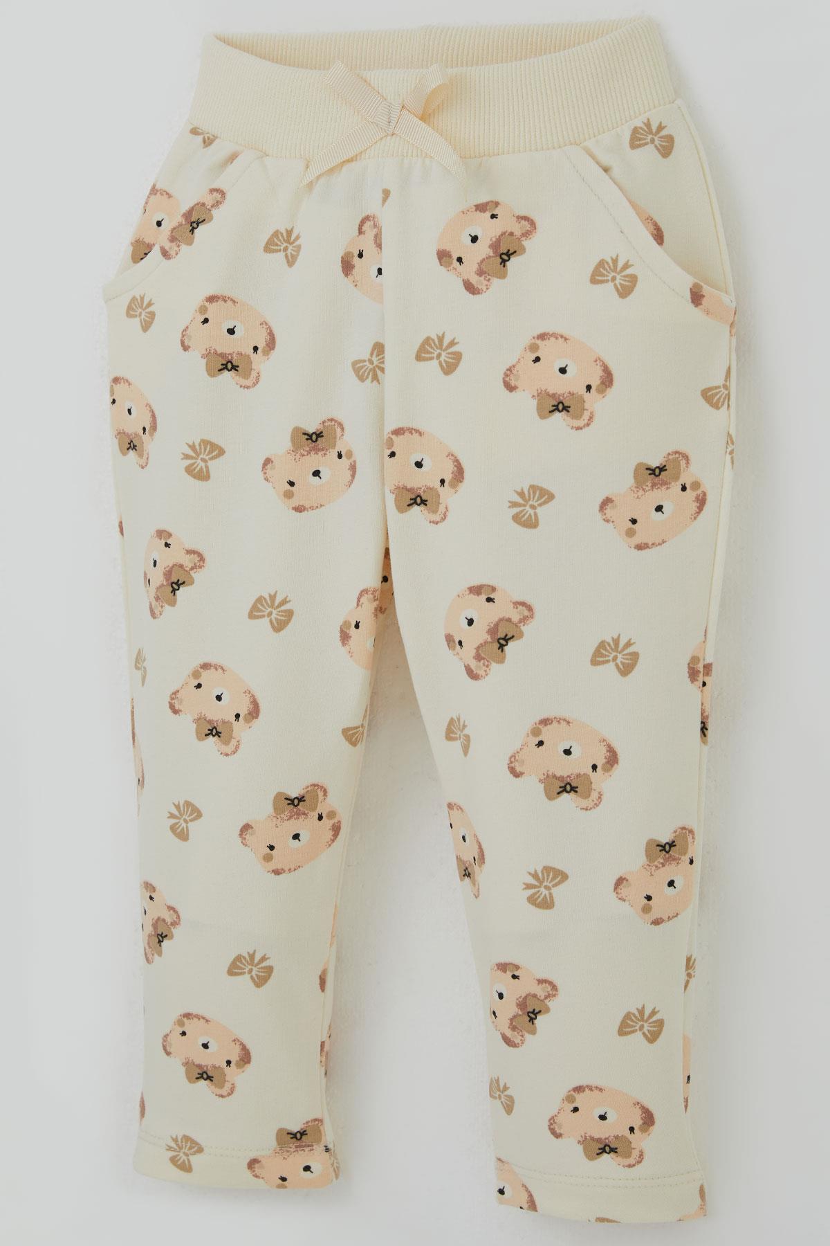 Breeze Kız Bebek Eşofman Takımı Sevimli Fiyonklu Ayıcık Desenli Krem (6 Ay-2 Yaş)