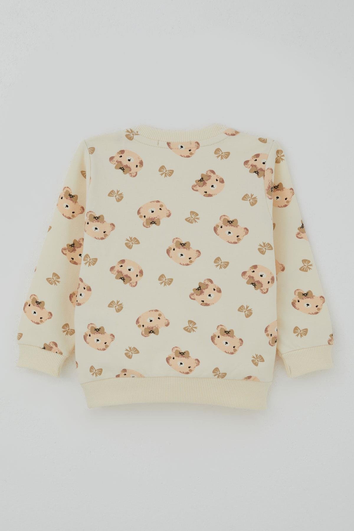 Breeze Kız Bebek Eşofman Takımı Sevimli Fiyonklu Ayıcık Desenli Krem (6 Ay-2 Yaş)