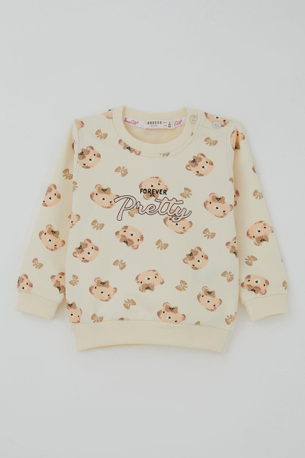 Breeze Kız Bebek Eşofman Takımı Sevimli Fiyonklu Ayıcık Desenli Krem (6 Ay-2 Yaş)