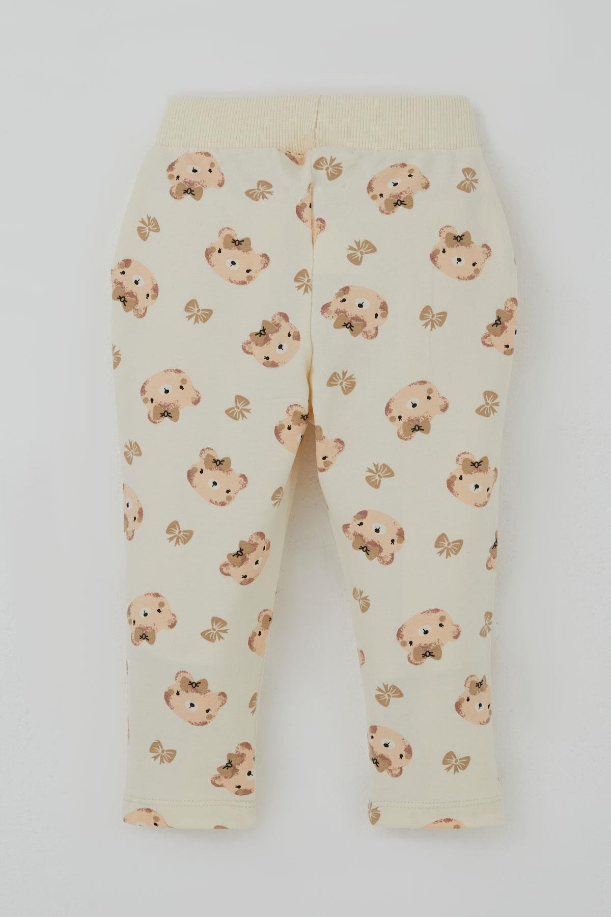 Breeze Kız Bebek Eşofman Takımı Sevimli Fiyonklu Ayıcık Desenli Krem (6 Ay-2 Yaş)