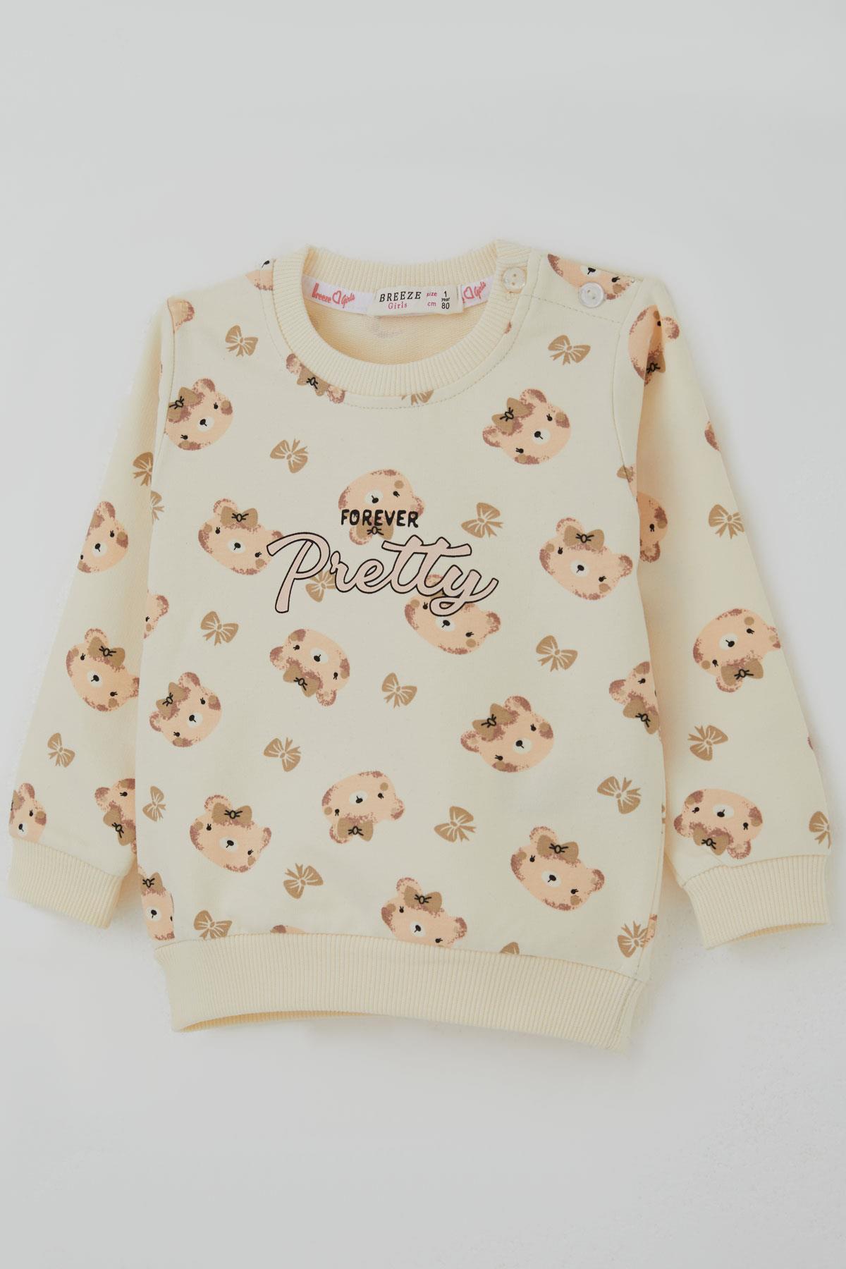 Breeze Kız Bebek Eşofman Takımı Sevimli Fiyonklu Ayıcık Desenli Krem (6 Ay-2 Yaş)